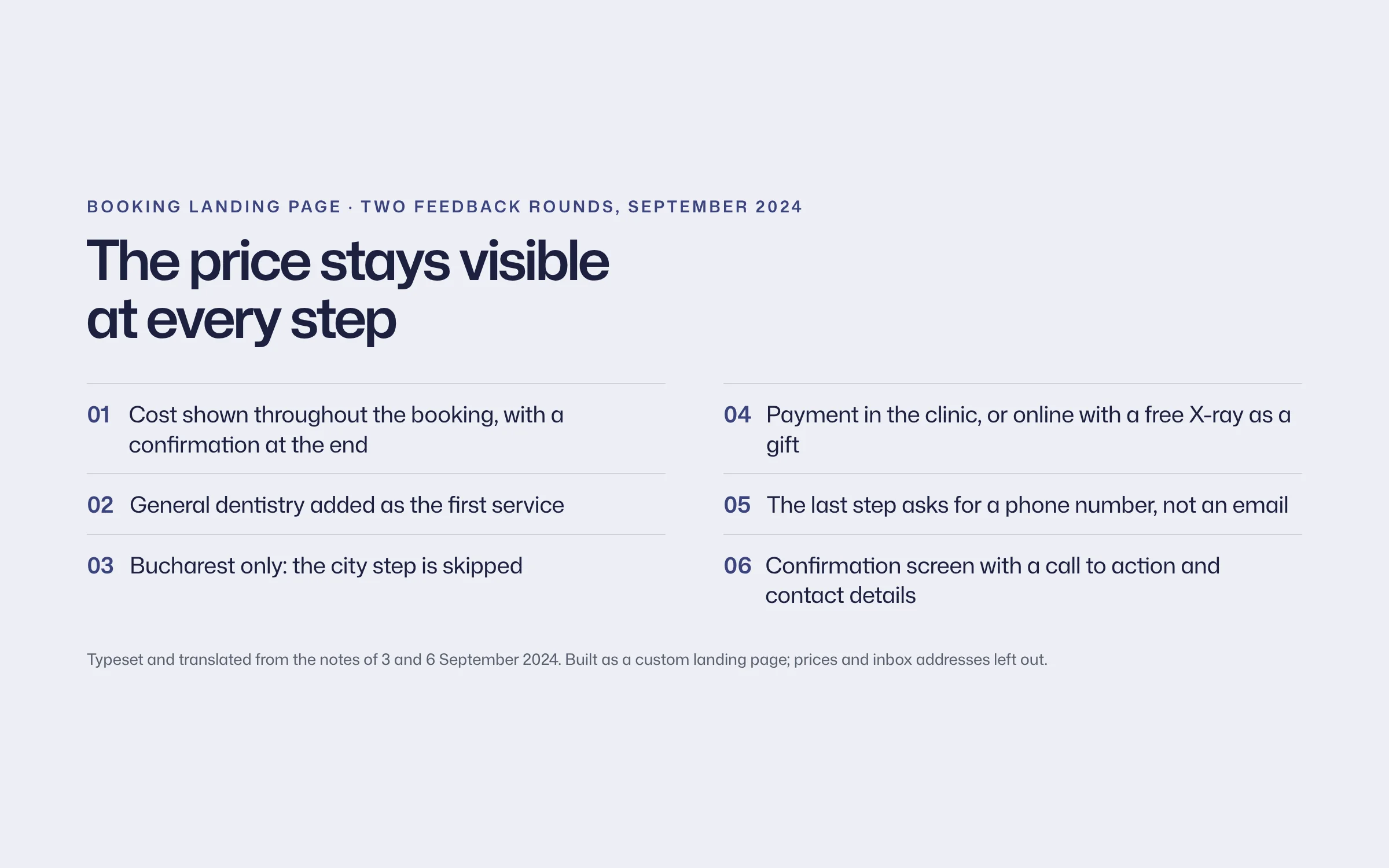 Typeset brief for the Prodent booking landing page from two September 2024 feedback rounds: cost visible throughout the booking, general dentistry first, Bucharest only, payment in clinic or online with a free X-ray, a phone number as the last step, and a confirmation screen.