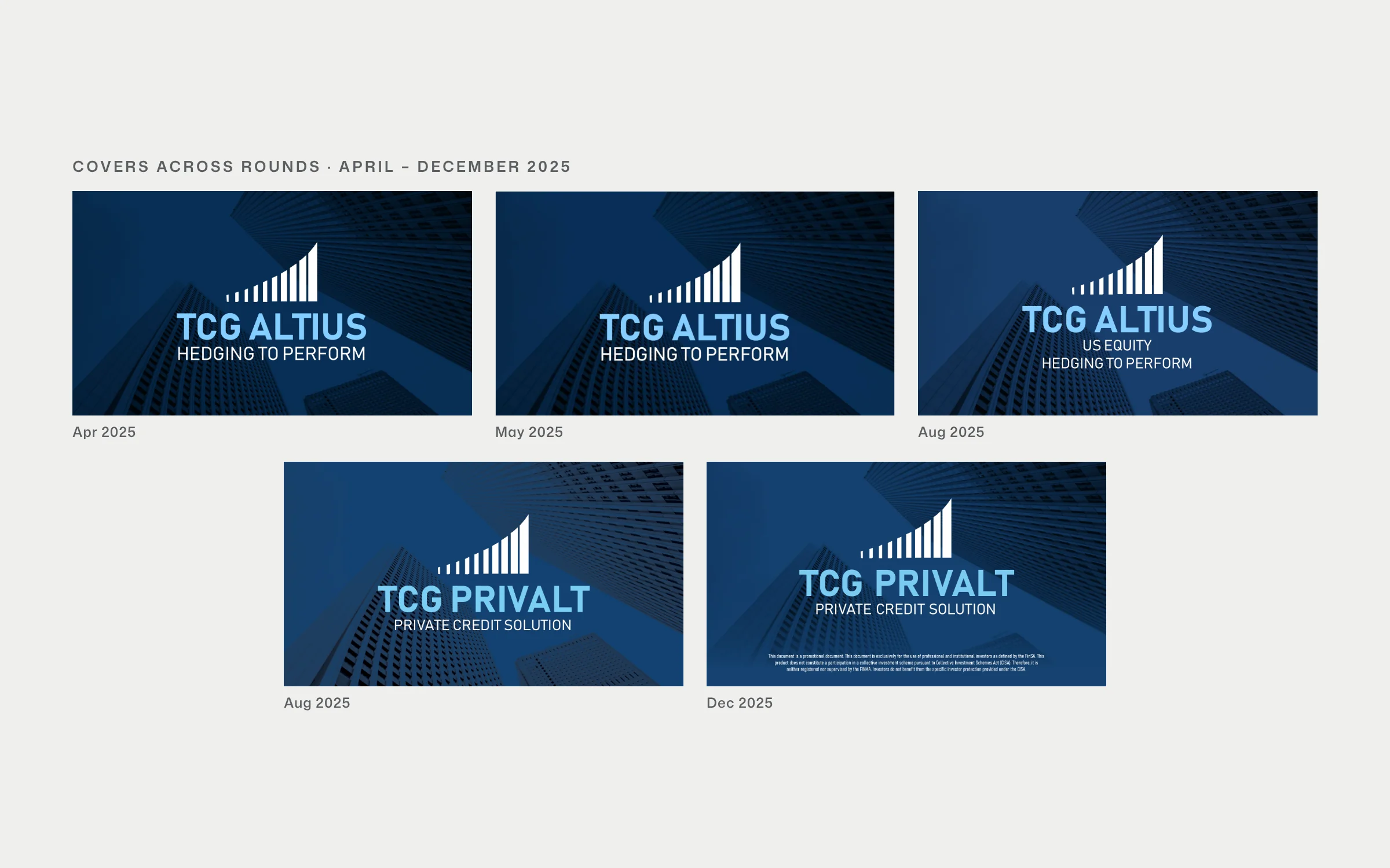 Five covers from TCG presentation rounds between April and December 2025, Altius and Privalt, all in the same blue photographic system with the rising bar mark and condensed capitals.