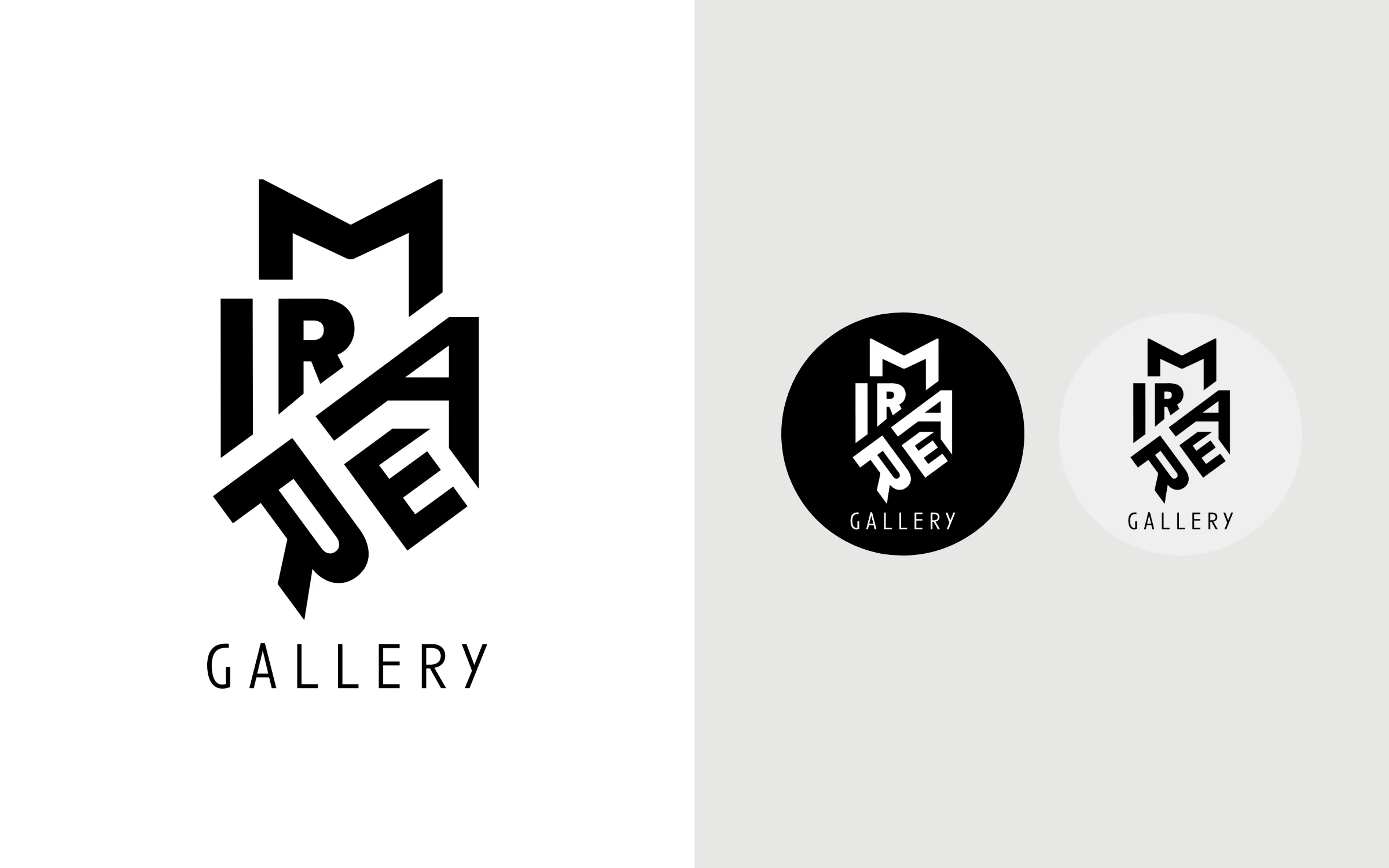 The stacked MIRARE GALLERY monogram in black, next to two round profile pictures of the mark, one black on white and one white on black.
