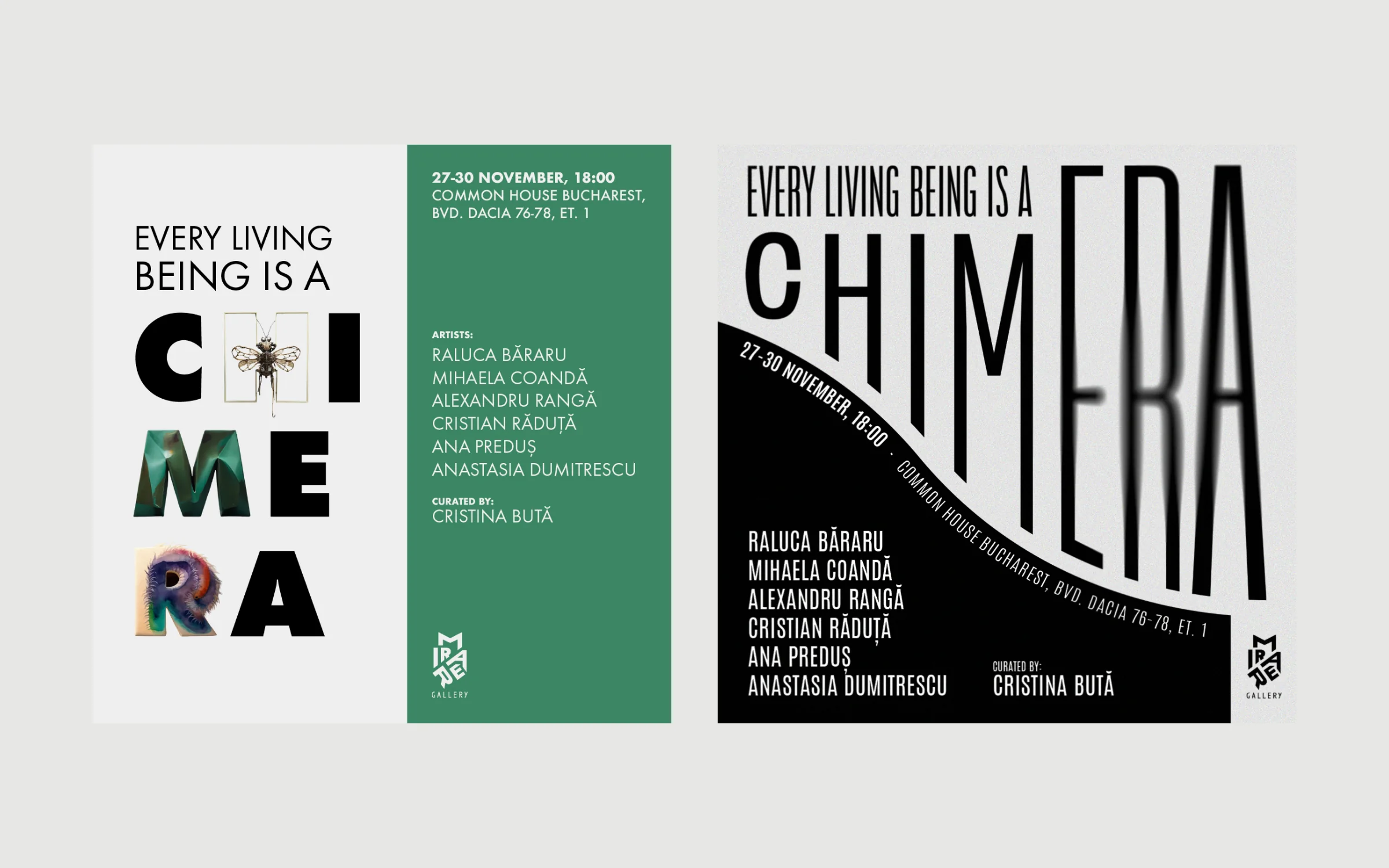 The two poster routes for the opening show side by side: CHIMERA built from textured letter tiles with a green information panel, and CHIMERA in tall black condensed type on white.
