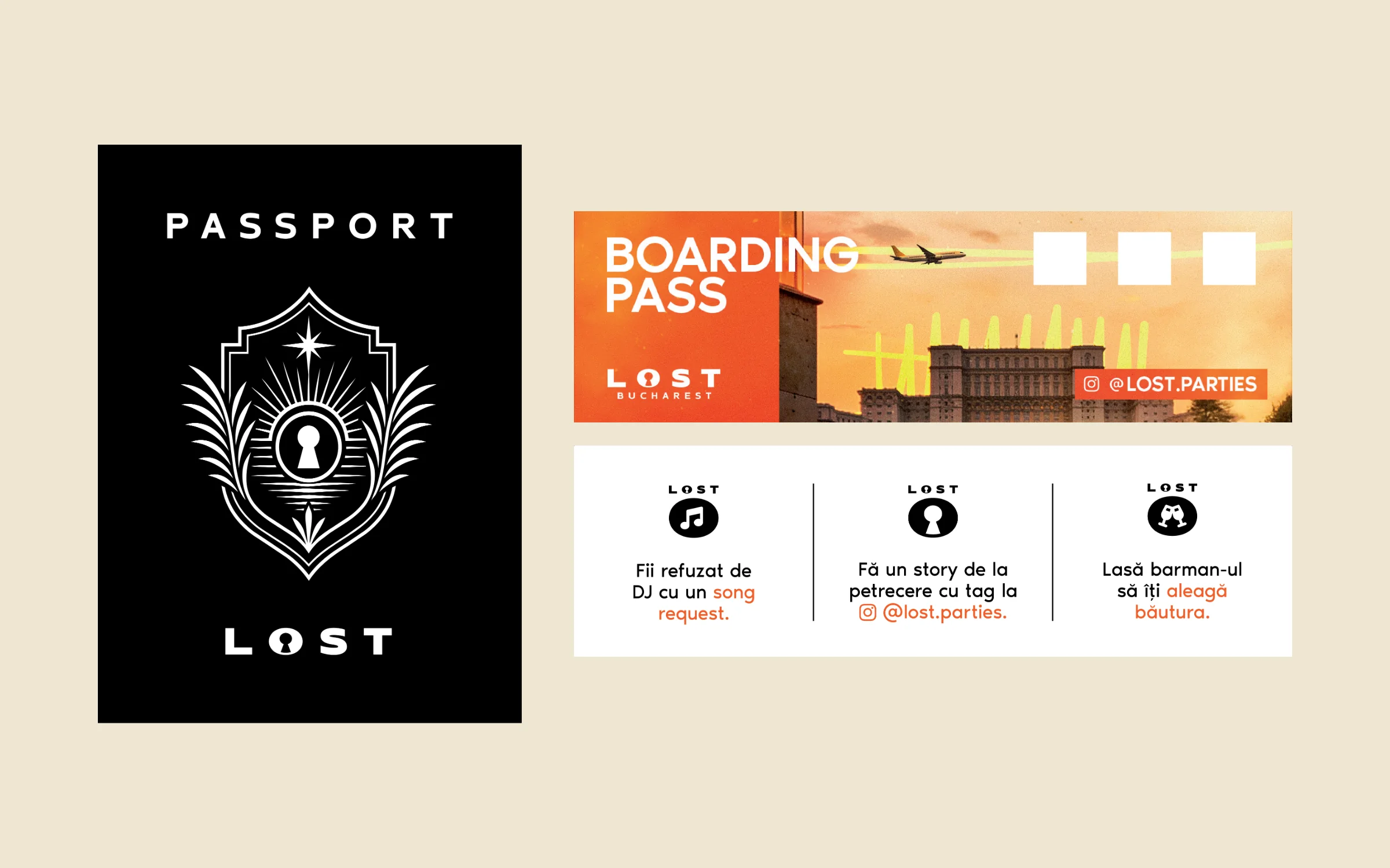 The LOST Passport cover in black with a keyhole crest next to the orange LOST Bucharest boarding-pass ticket and its printed back with three party challenges.