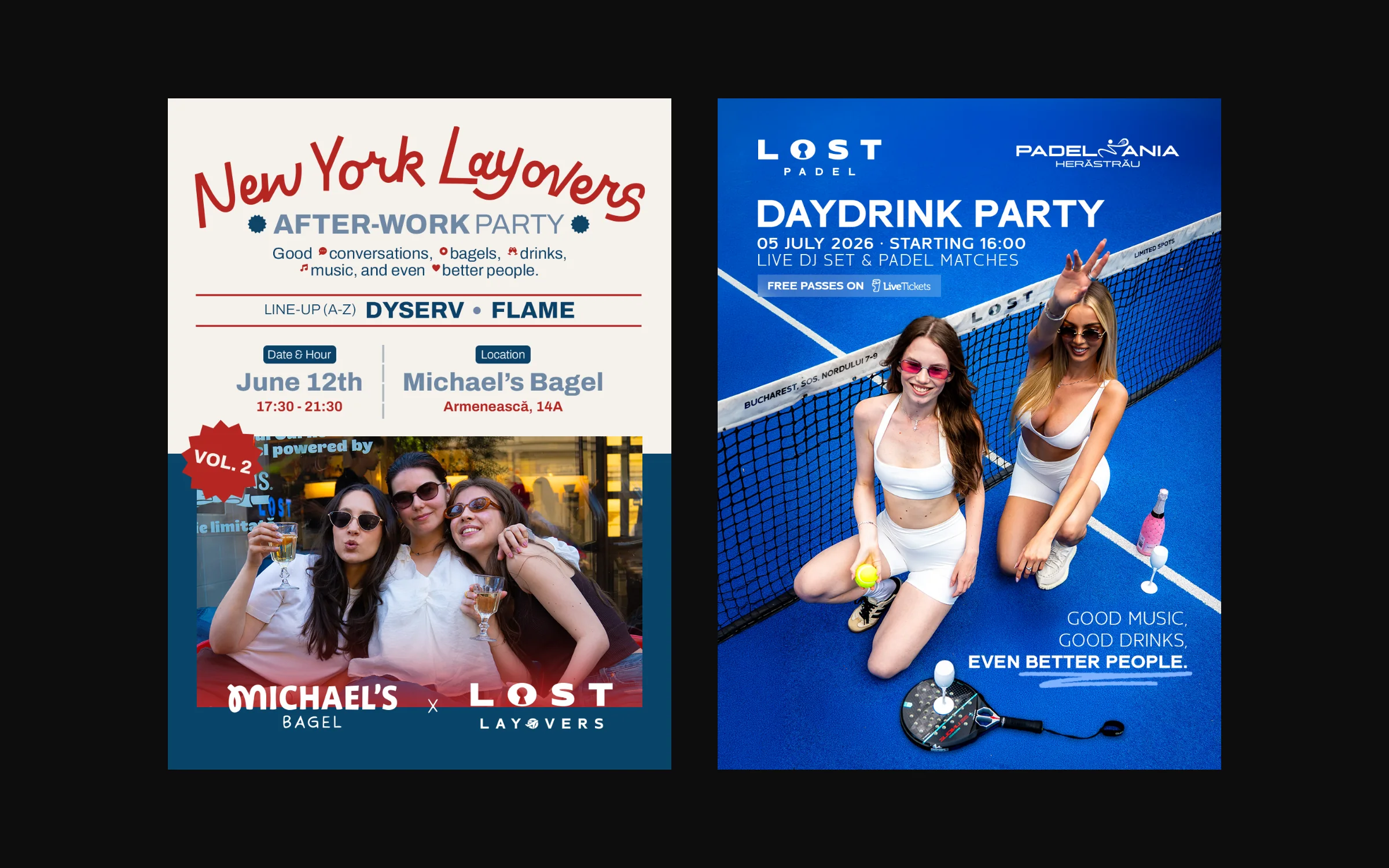 Two LOST collaboration key visuals: LOST × Michael's Bagel 'New York Layovers' and LOST × PADELMANIA 'Daydrink Party'.