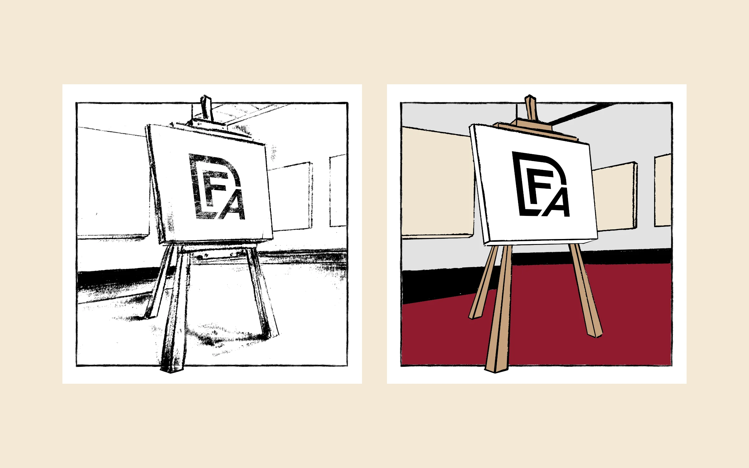 The Staking Museum illustration in two stages: a black-and-white ink sketch of an easel holding the DFA monogram in a gallery, and the final version with a burgundy floor and cream walls.
