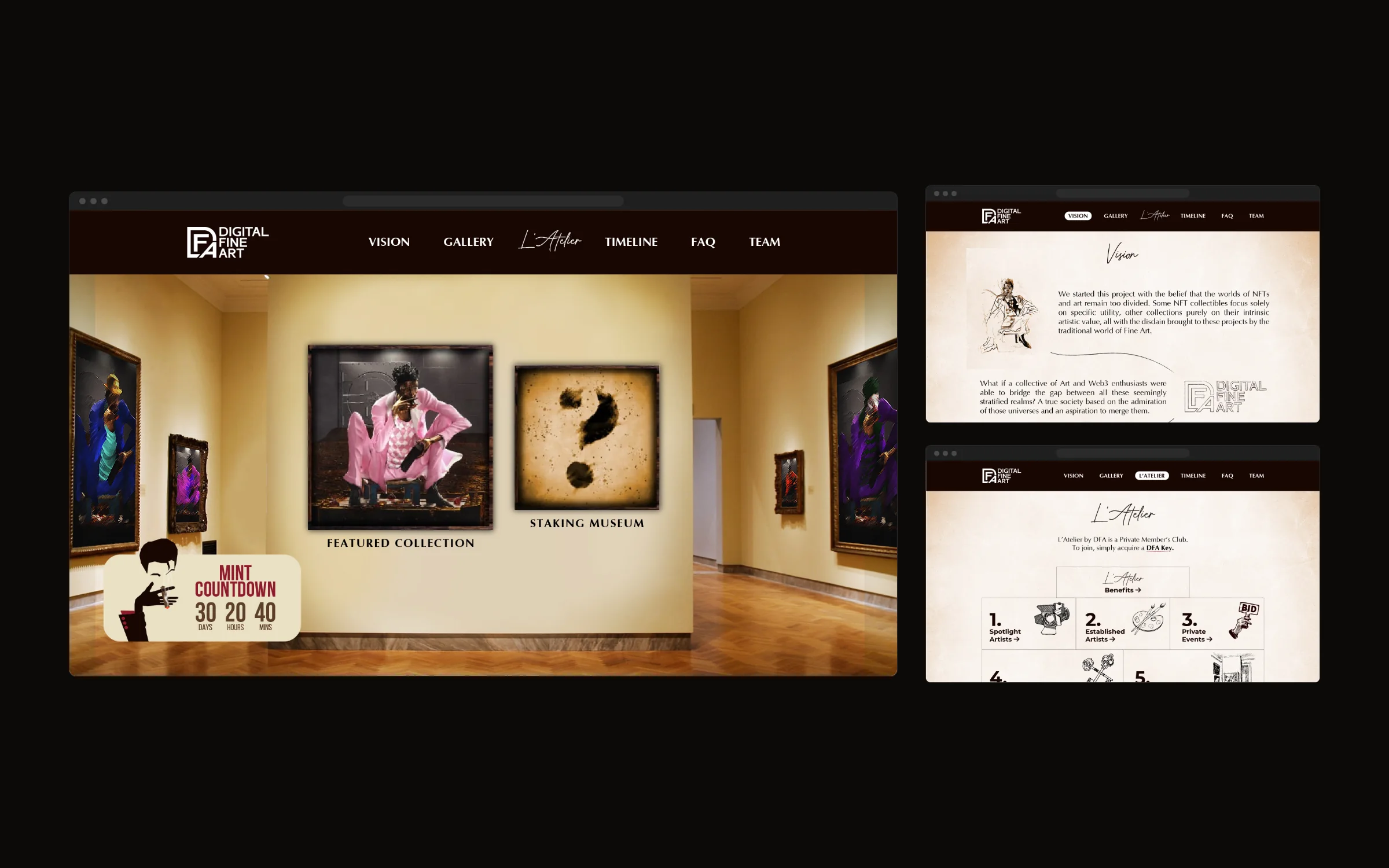 Three final Digital Fine Art screens in browser windows: the homepage museum hall with the Featured Collection, Staking Museum and mint countdown, the top of the illustrated Vision page, and the L'Atelier members' club page.