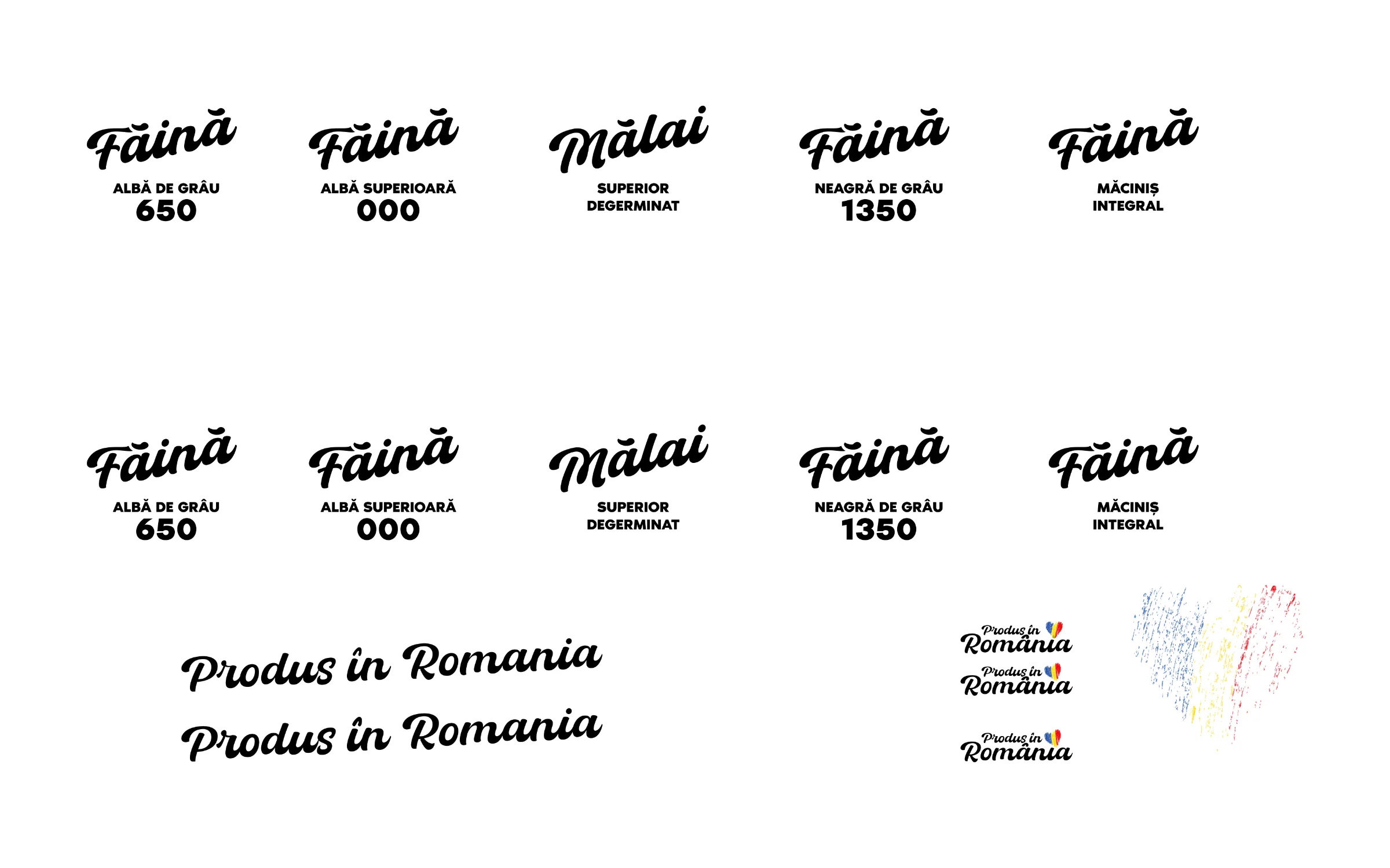 Lettering exploration sheet: two rows of script product names for Făină and Mălai, and drafts of the 'Produs în România' badge with a hand-drawn heart in red, yellow and blue.