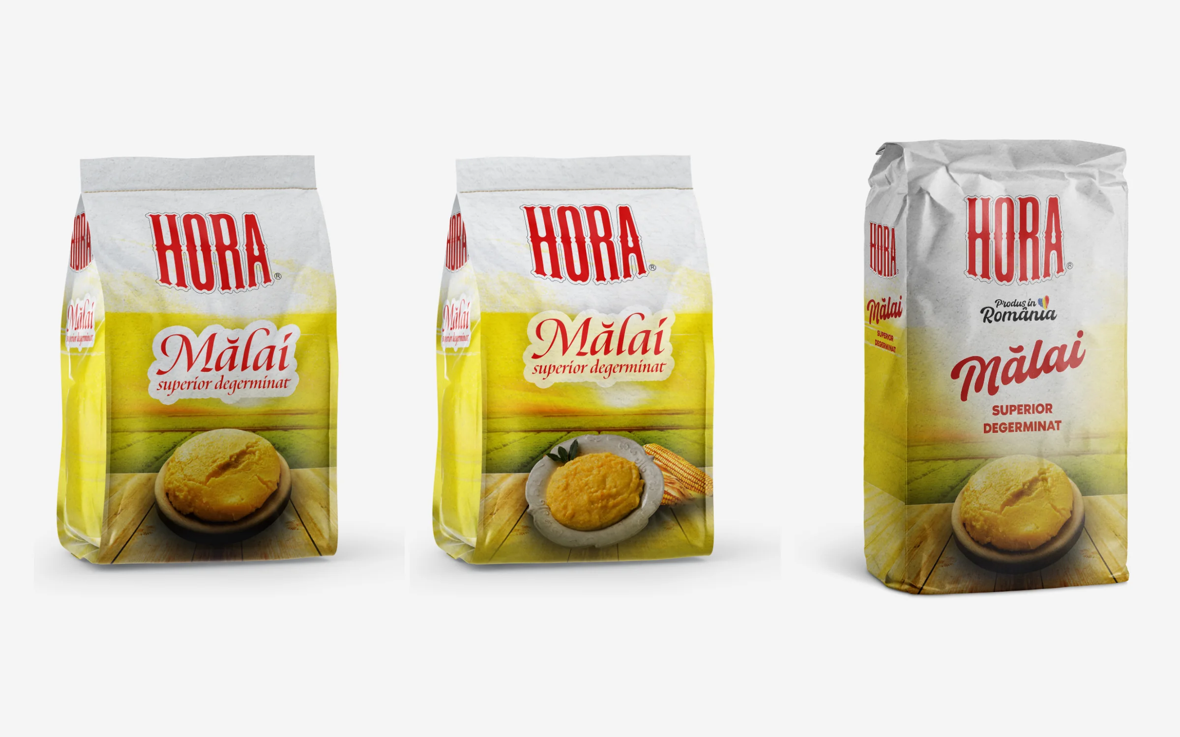 Three rounds of the HORA Mălai pack: two early pouch versions with calligraphic 'Mălai' and different polenta photos, and the later bag with red script lettering and the Produs în România badge.