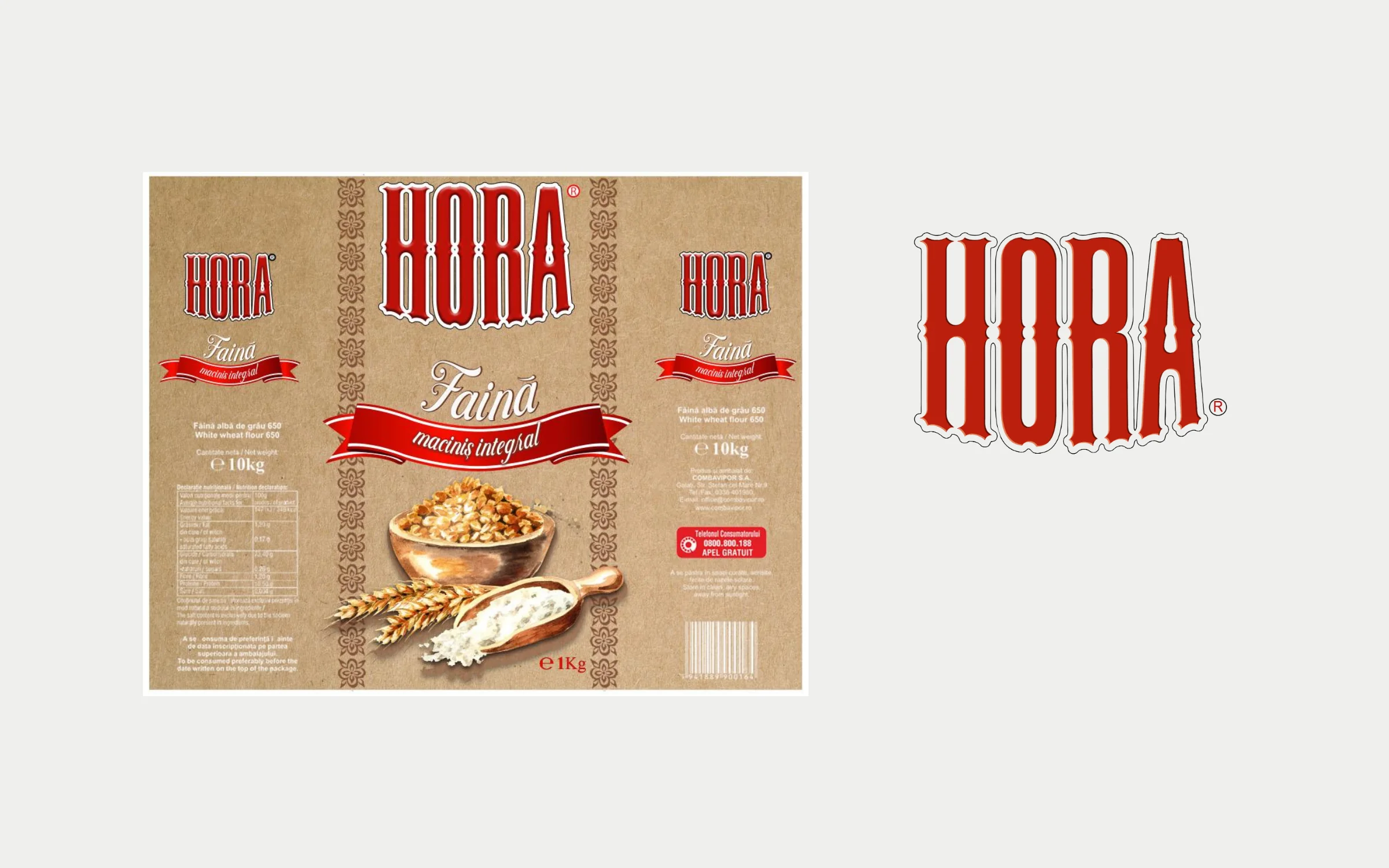 Before: the old HORA kraft flour bag with folk-motif borders and a red ribbon, next to the client's HORA wordmark file.