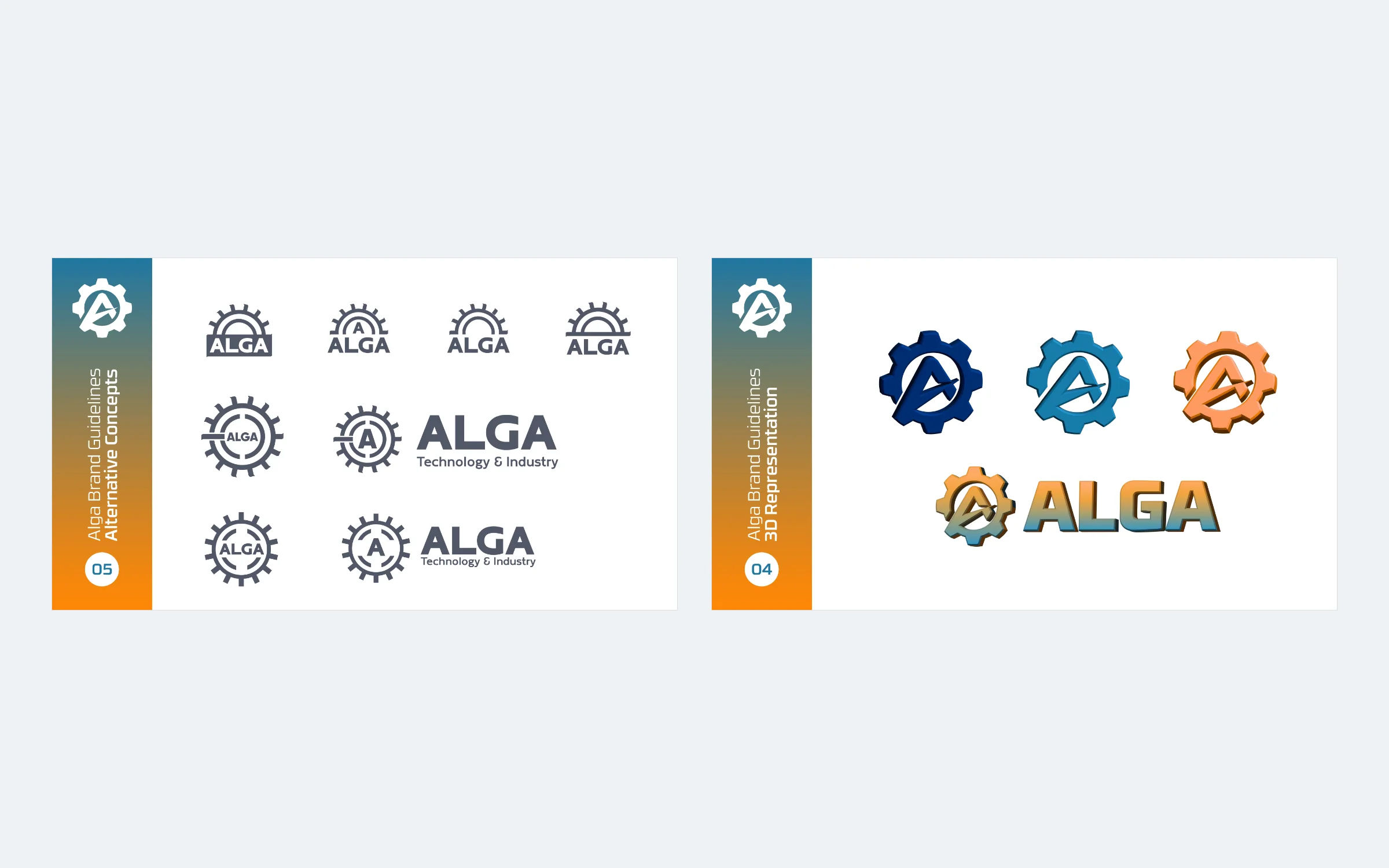 ALGA logo proposal pages: alternative gear concepts with the name inside, and the chosen mark rendered in 3D in blue, steel blue and orange.