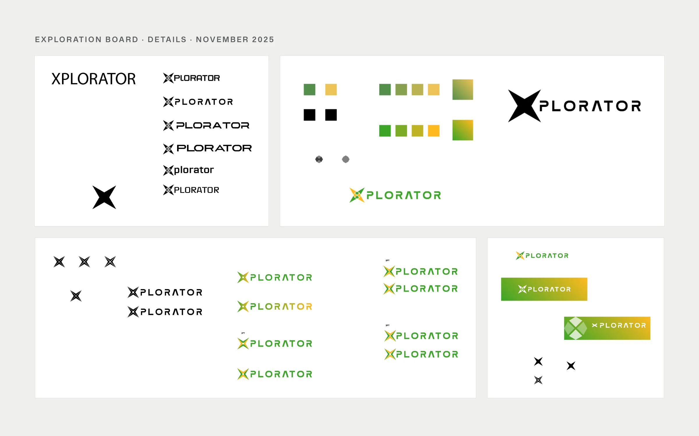 Details from the Xplorator exploration board, November 2025: black wordmark tests in different typefaces, green and yellow swatches with gradient chips, gradient lockups with early X-star marks, and rows of green and black lockups.