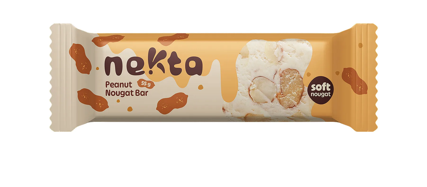 3D render of the Nekta Peanut Nougat Bar flow-wrap: cream and honey-orange wrapper with scattered peanut illustrations, the 'soft nougat' badge and the nougat showing through the cut-out.