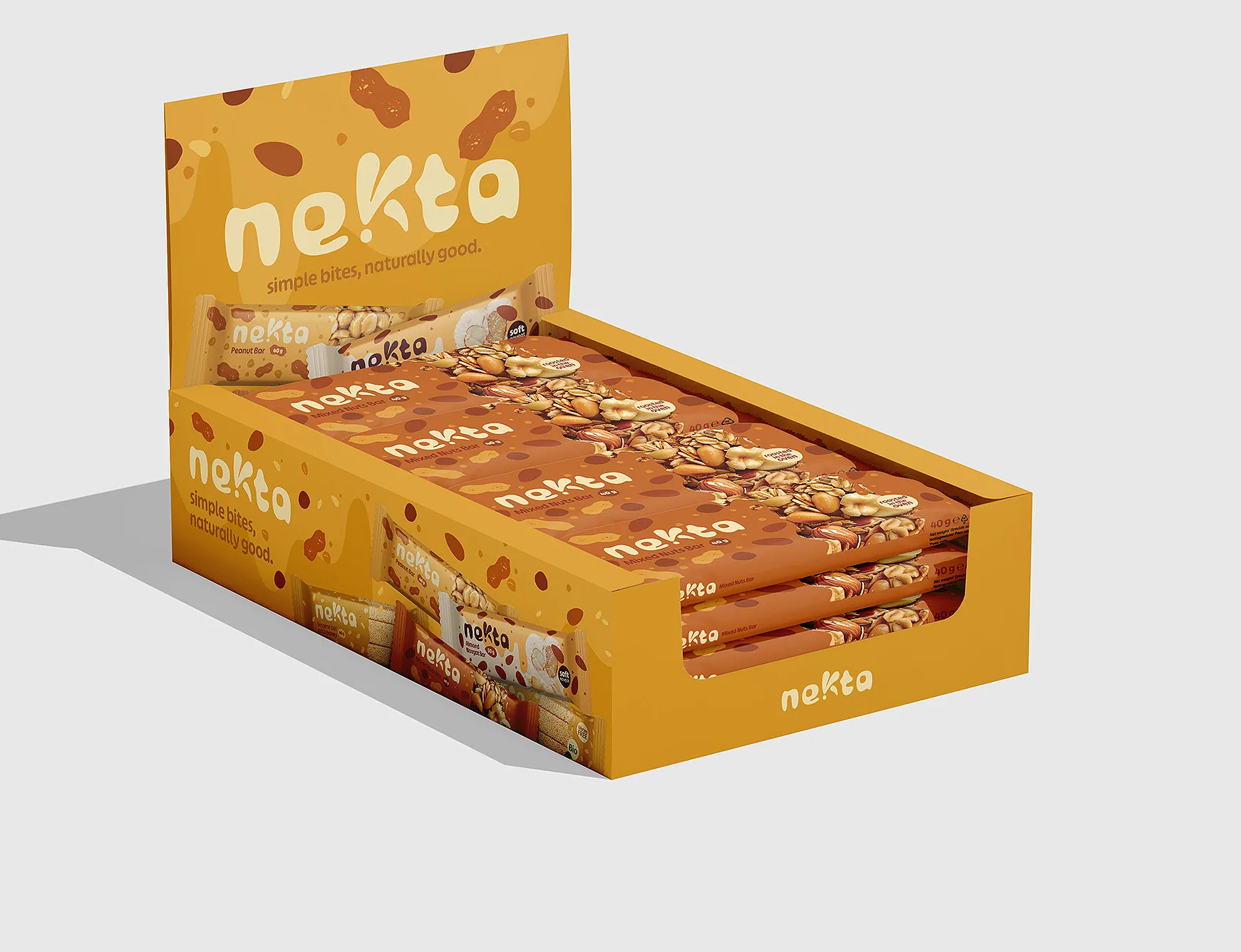 3D render of the Nekta counter display box filled with bars: the honey-orange box with the wordmark and 'simple bites, naturally good' on the header, bars stacked inside.