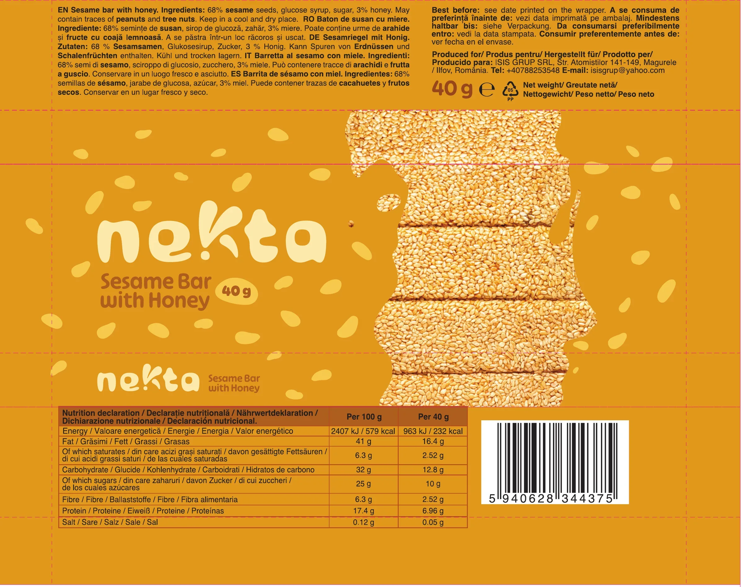 Print artwork of the Nekta Sesame Bar with Honey 40 g wrapper, laid flat: the honey-orange front with the wordmark and sesame photo, and the back with ingredients in five languages, nutrition table and barcode.