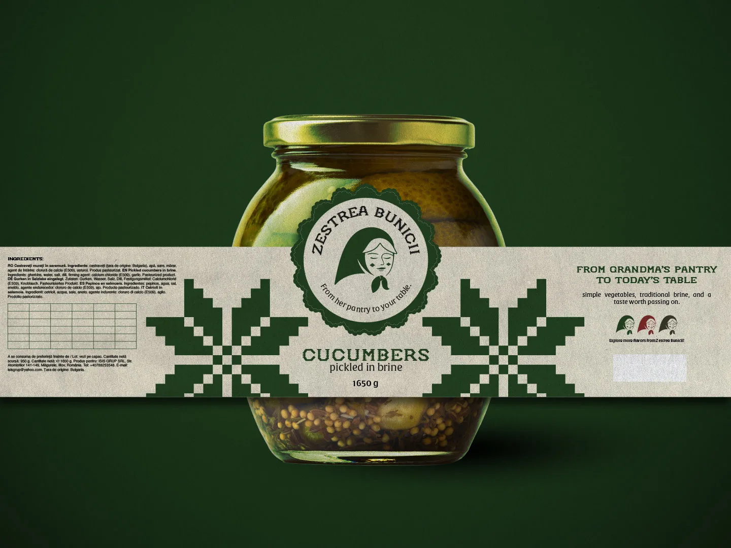 Zestrea Bunicii jar of Cucumbers pickled in brine on deep green: the full wrap label with the grandmother badge, cross-stitch stars, 'From grandma's pantry to today's table' and the ingredients panel.