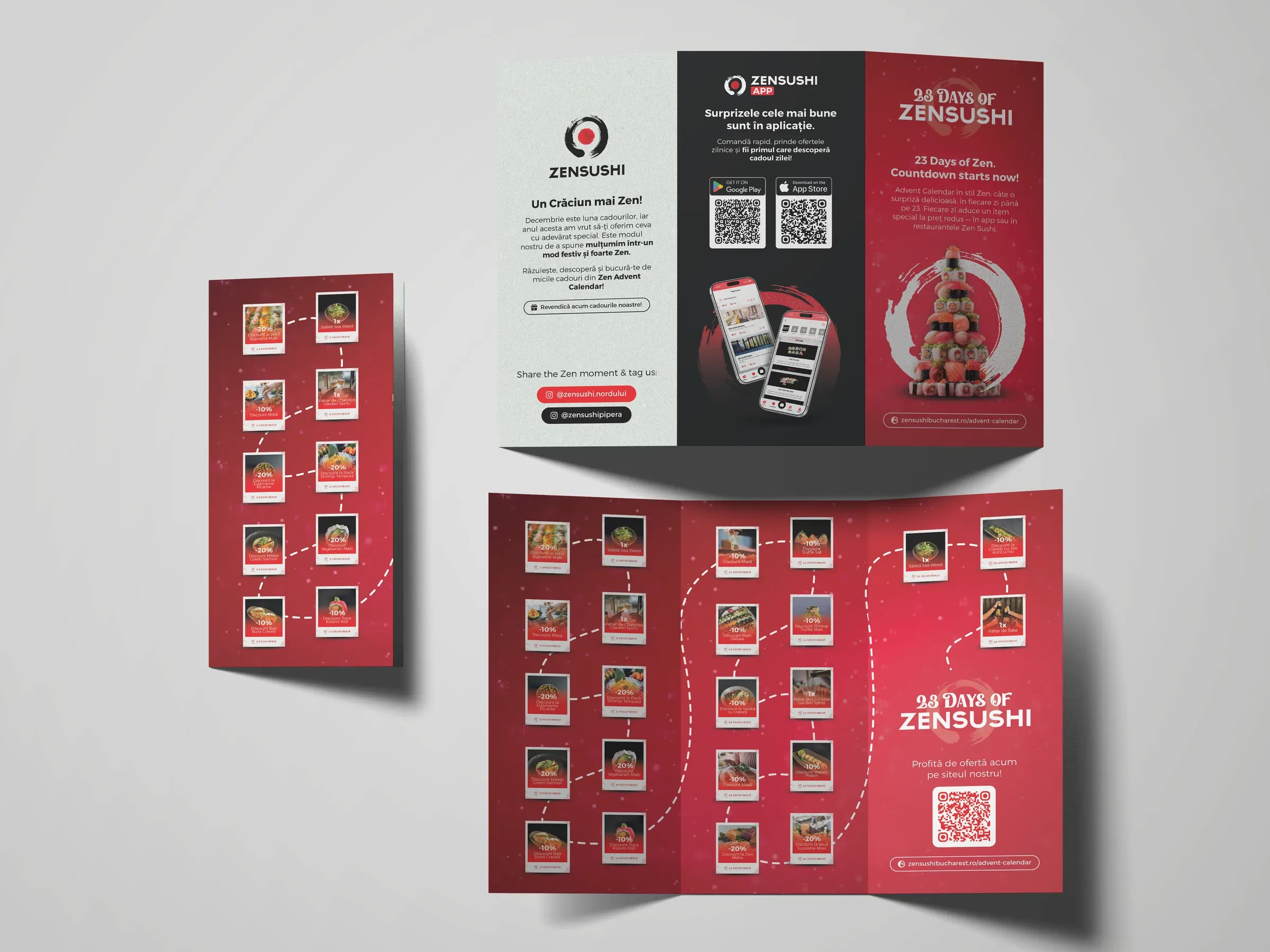 ZenSushi Advent Calendar tri-fold flyer, outside and inside: the red and black panels with 23 days of polaroid-style product photos, the app download QR codes and the ensō logo.