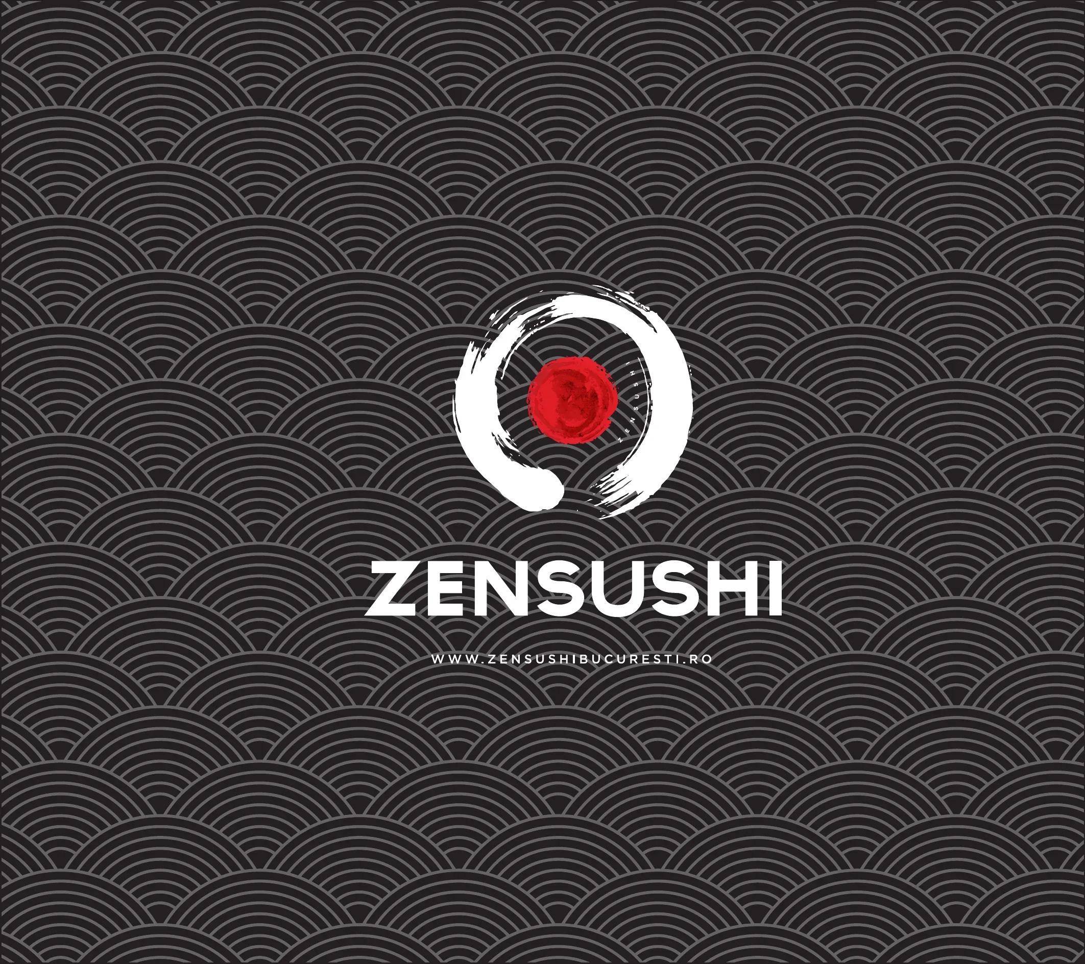 Cover of the ZenSushi Nordului menu: the white brush ensō with its red centre and the ZENSUSHI wordmark on a dark seigaiha wave pattern.