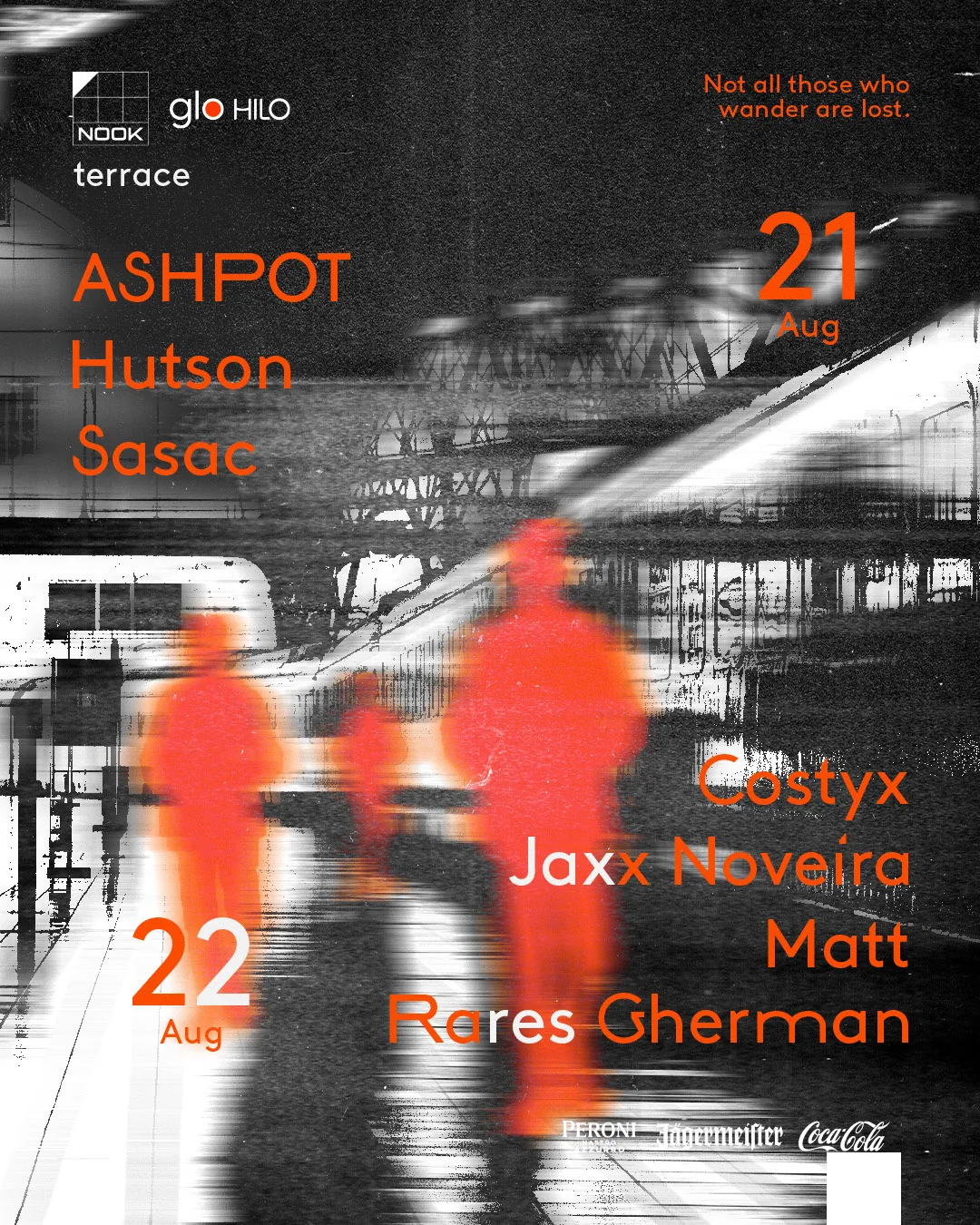 Nook terrace poster for 21–22 August: orange figures and type over a black-and-white photo of the terrace, with the DJ line-up for both nights.