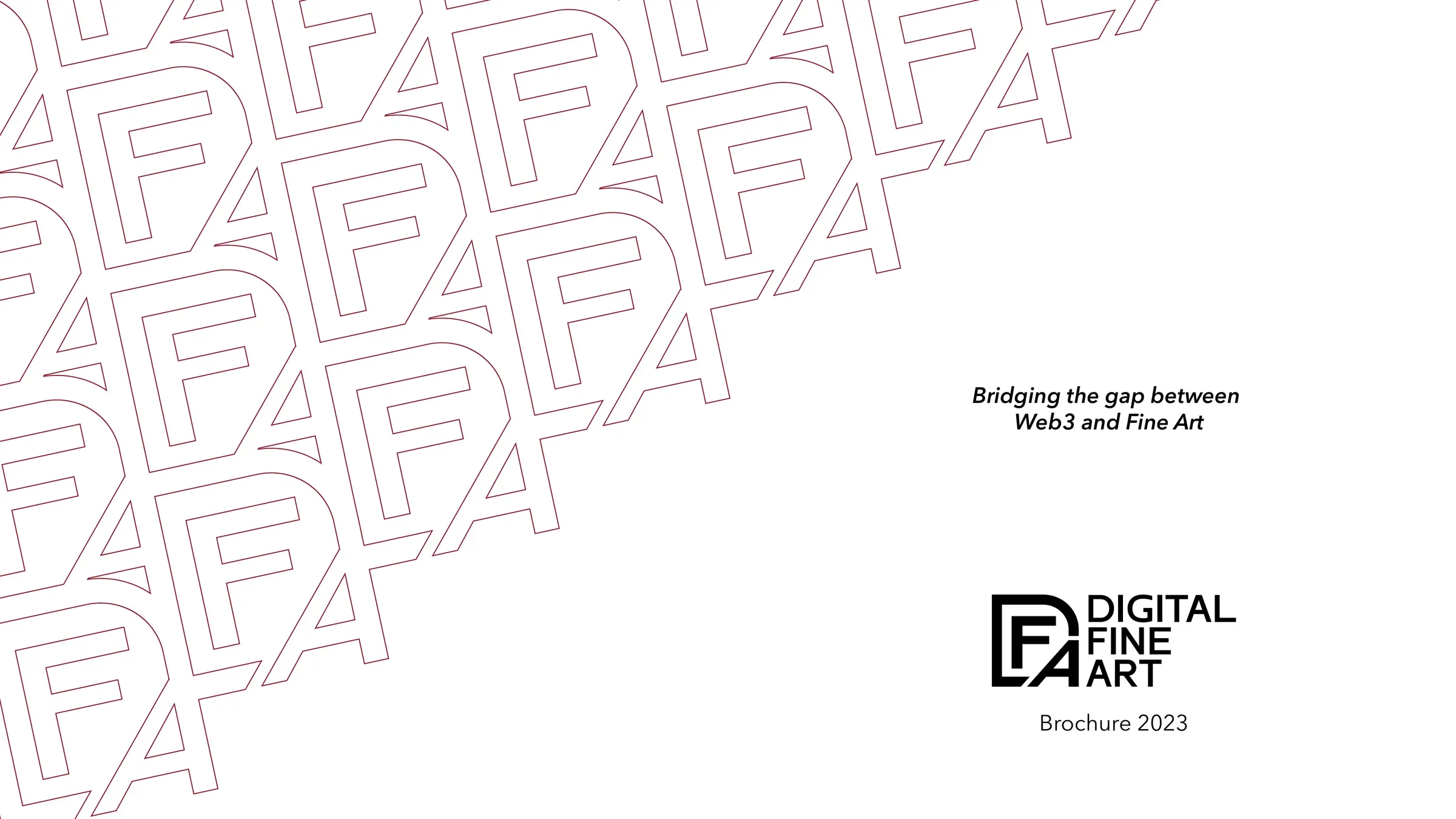 Cover of the Digital Fine Art 2023 brochure: an outlined DFA monogram pattern on white, the line 'Bridging the gap between Web3 and Fine Art' and the Digital Fine Art logo.