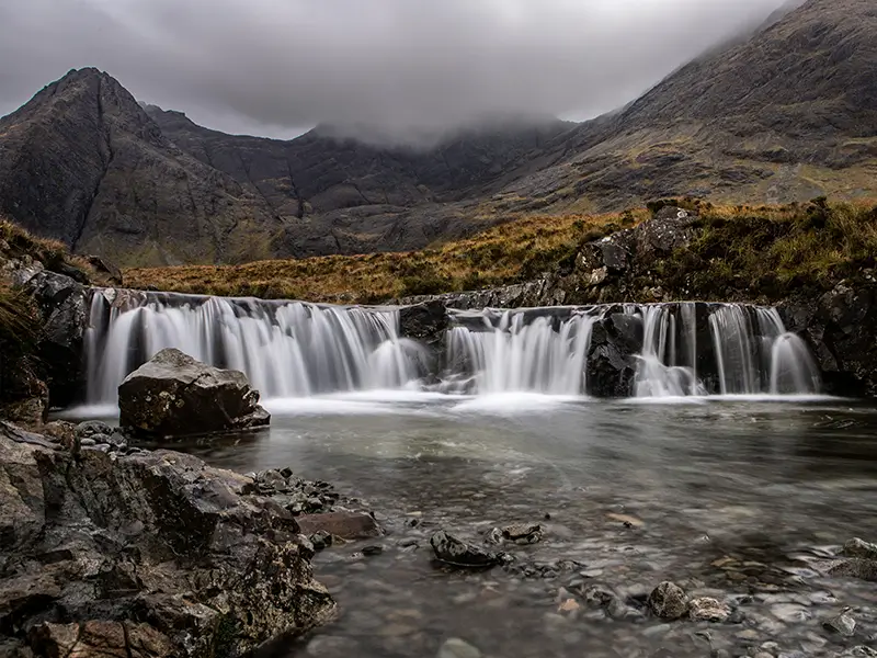 Mountain landscape and waterfall on the Isle of Skye