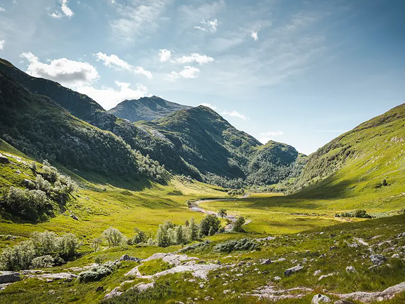 Scenic valley and mountains in Glencoe, Scotland
