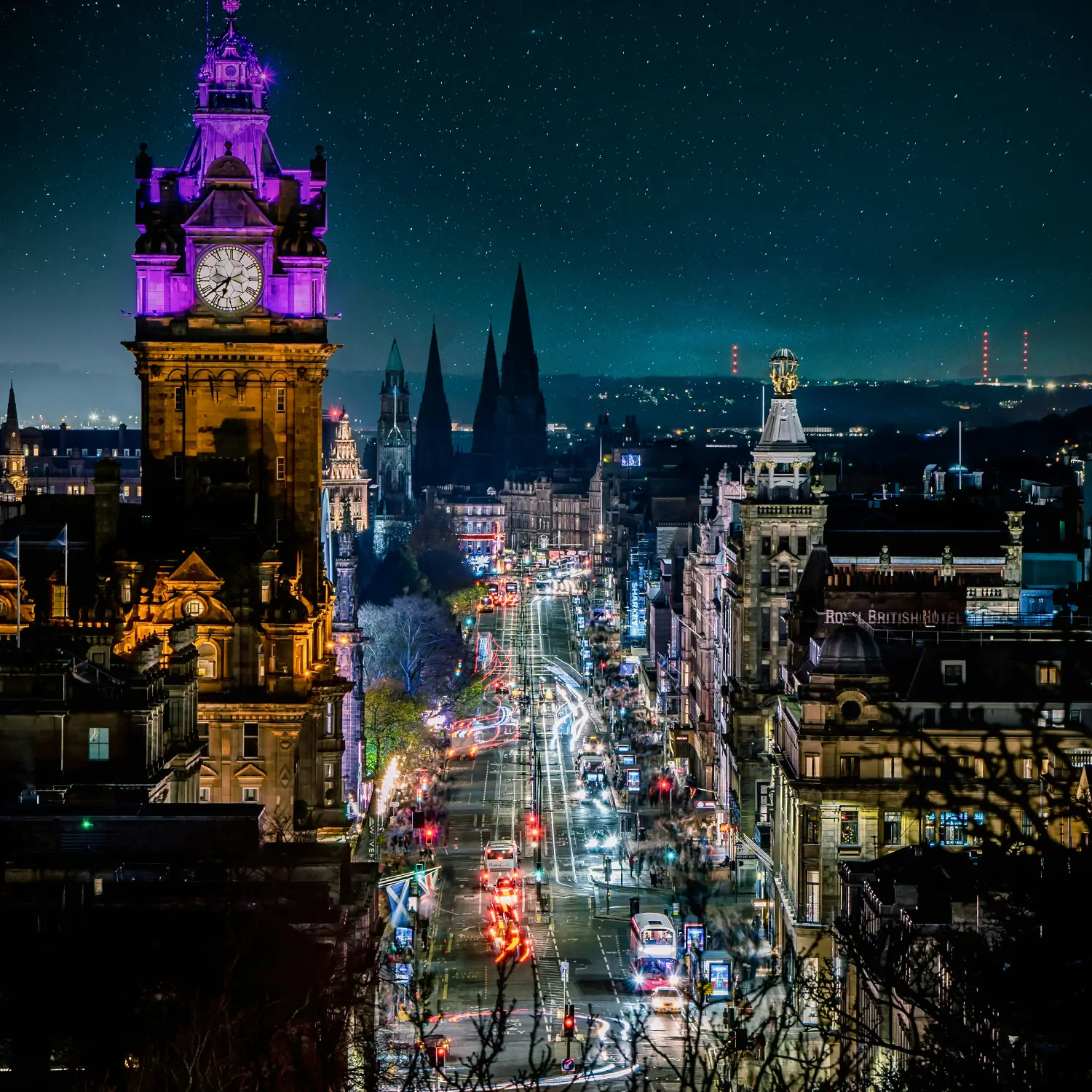 Edinburgh city centre illuminated at night