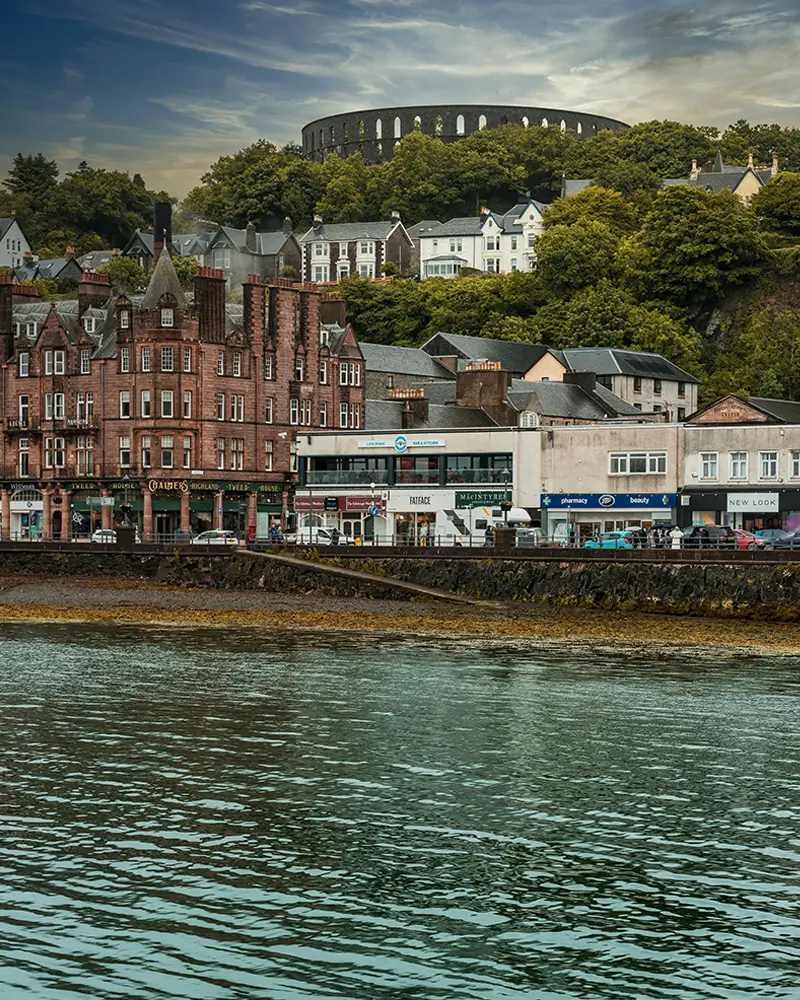 Colourful waterfront buildings in a Scottish coastal town near Edinburgh