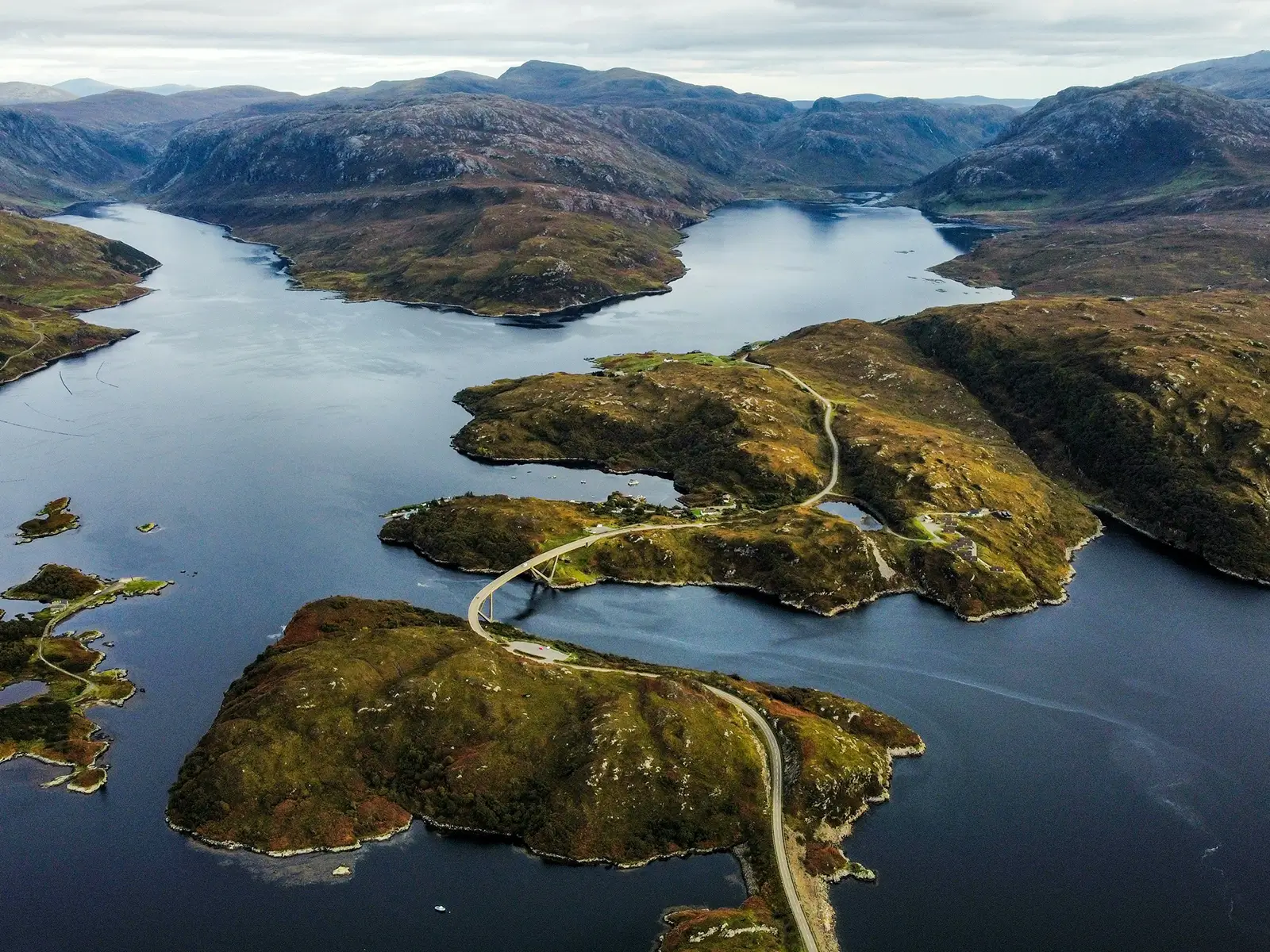Coastal islands and sea lochs along the North Coast 500 in Scotland