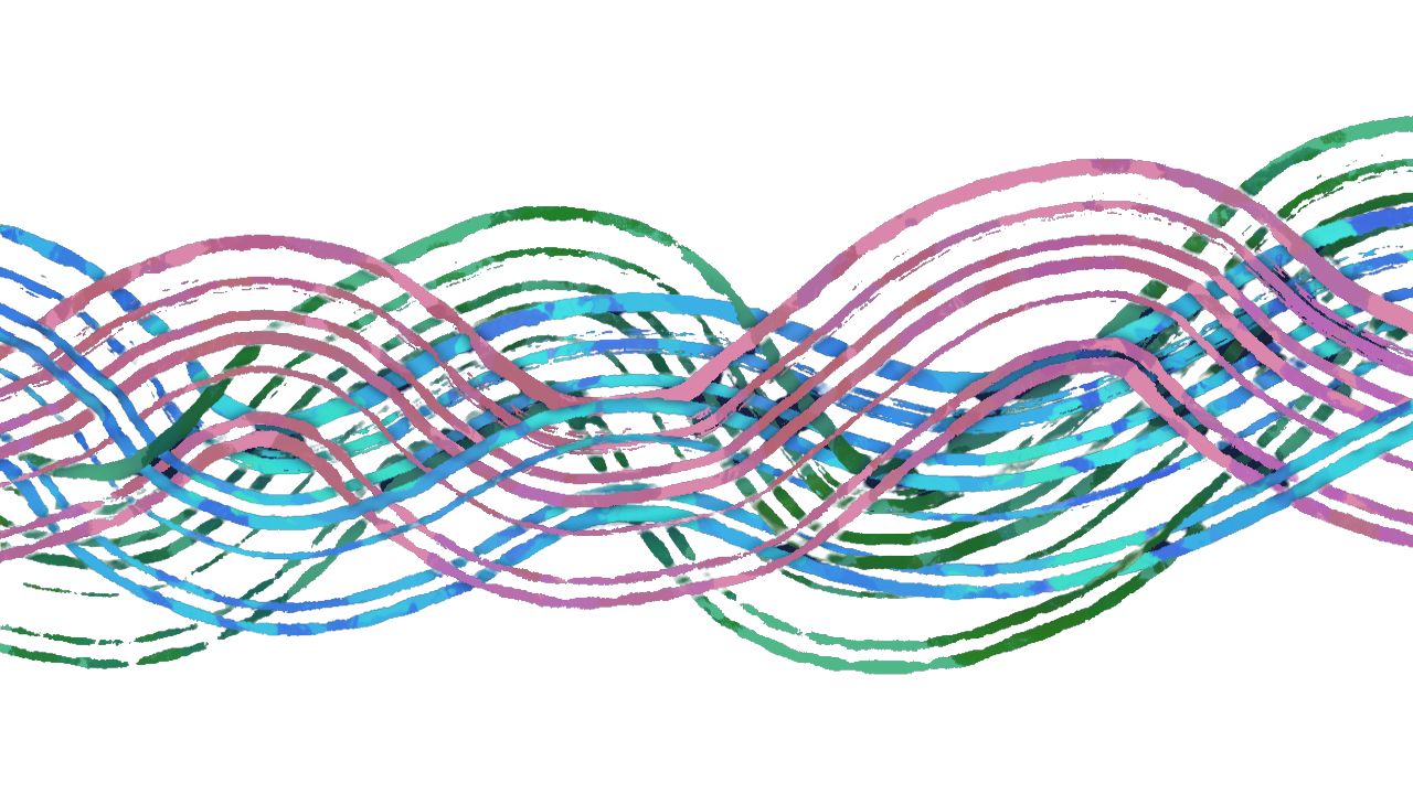 An illustration of intersecting blue, green and lavender waves.