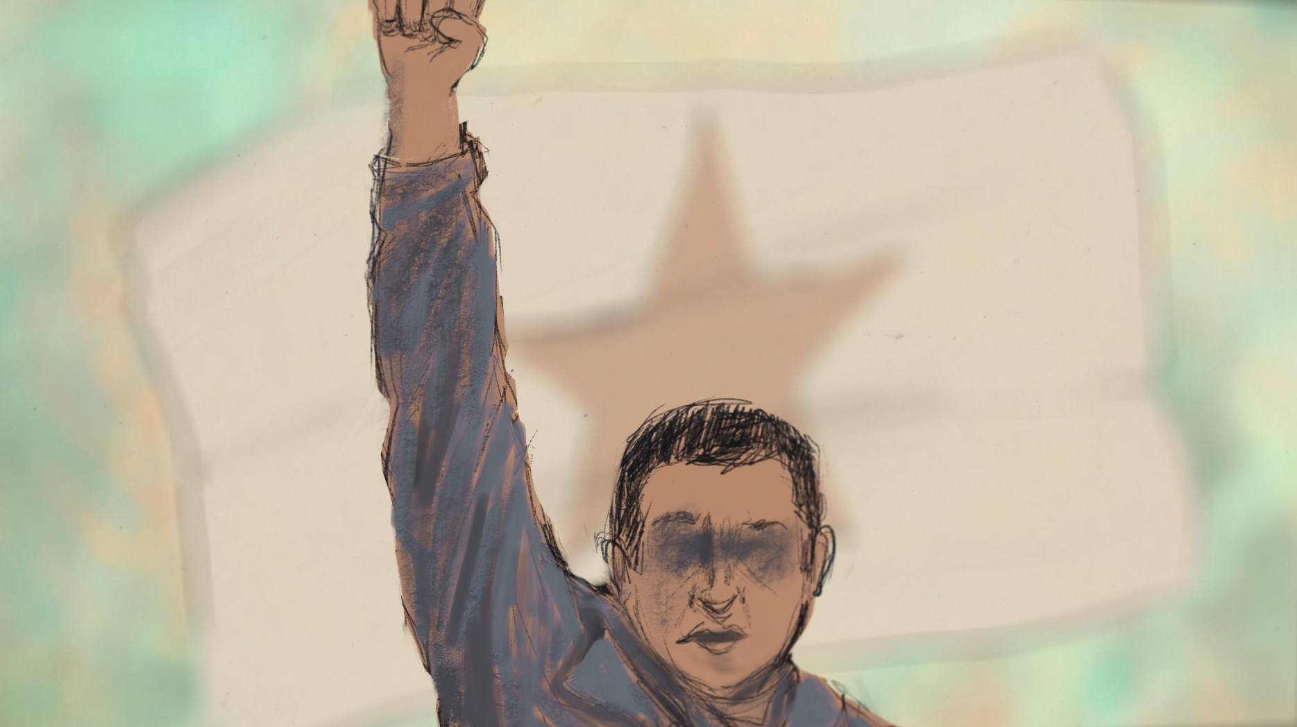 A man with short brown hair and blacked out eyes raises his right fist in the air.
