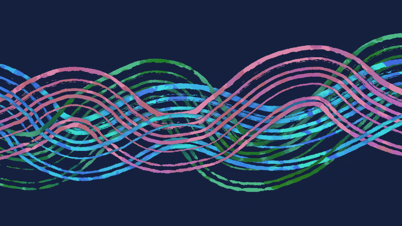 An illustration of intersecting blue, green and lavender waves.