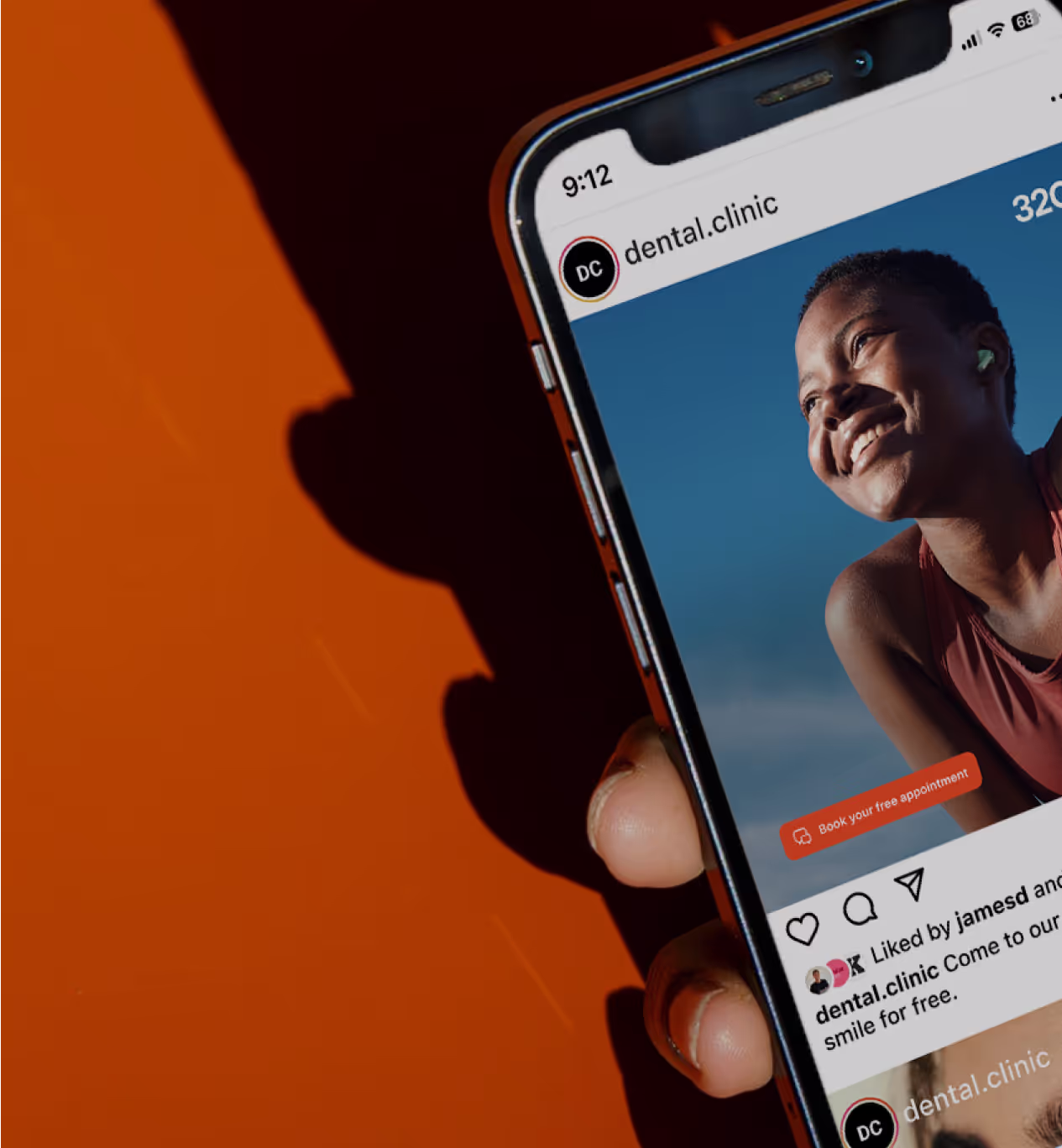 Category image for digital marketing products, showing a hand holding a smartphone displaying a dental clinic social media profile.