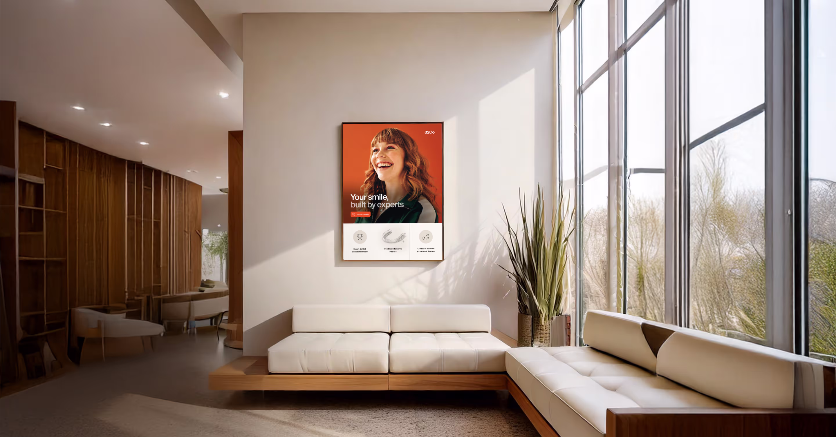 Dental clinic waiting area featuring a large poster promoting a 32Co Shop product for dental professionals, displayed on a bright wall with natural lighting from large windows.