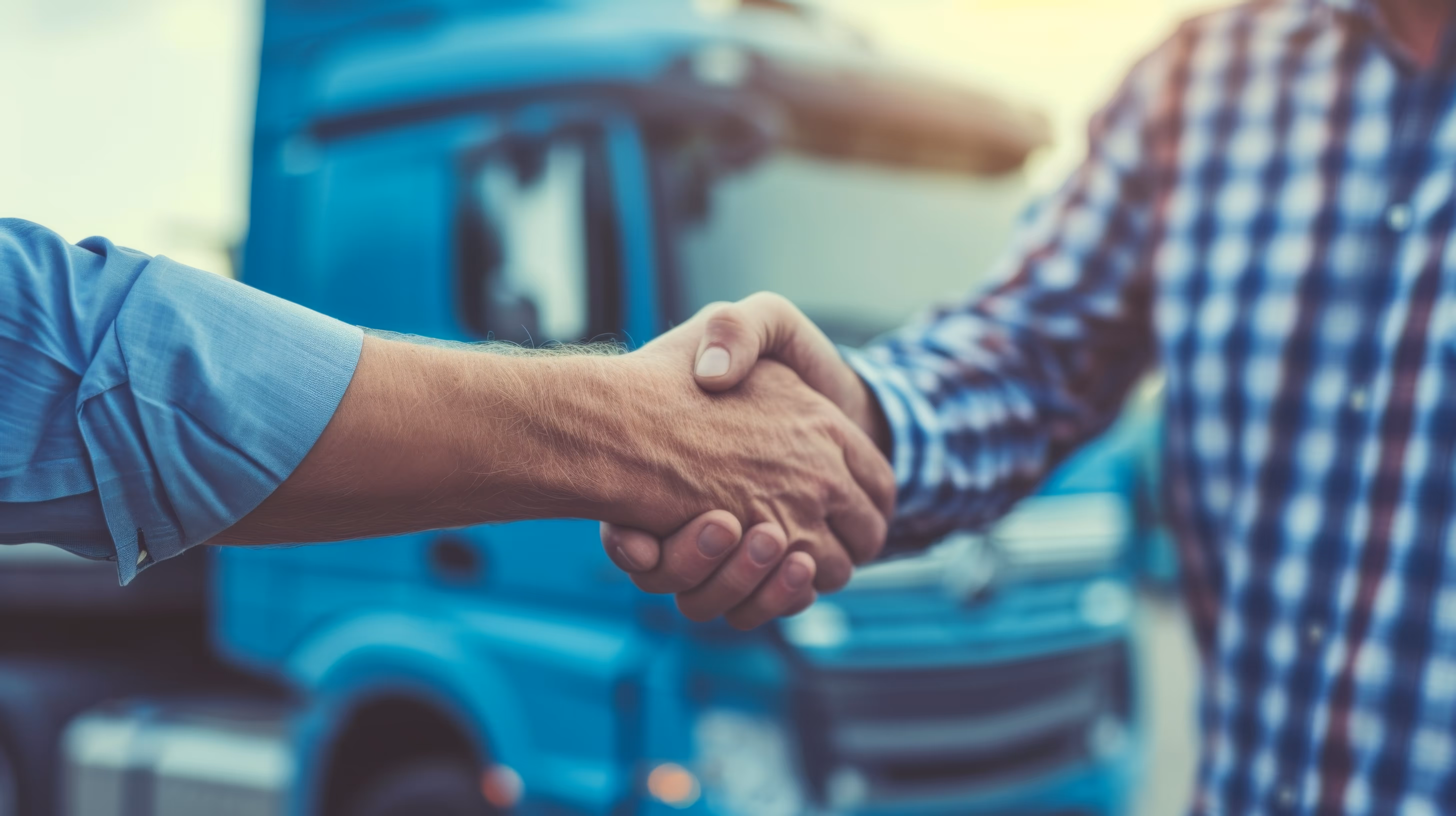 Two fleet managers shaking hands with a blue truck in the background