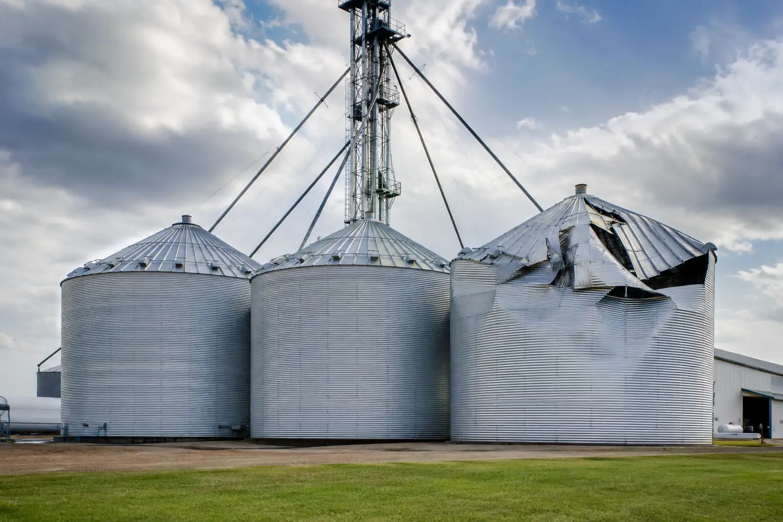 Storm damaged grain bins in Iowa