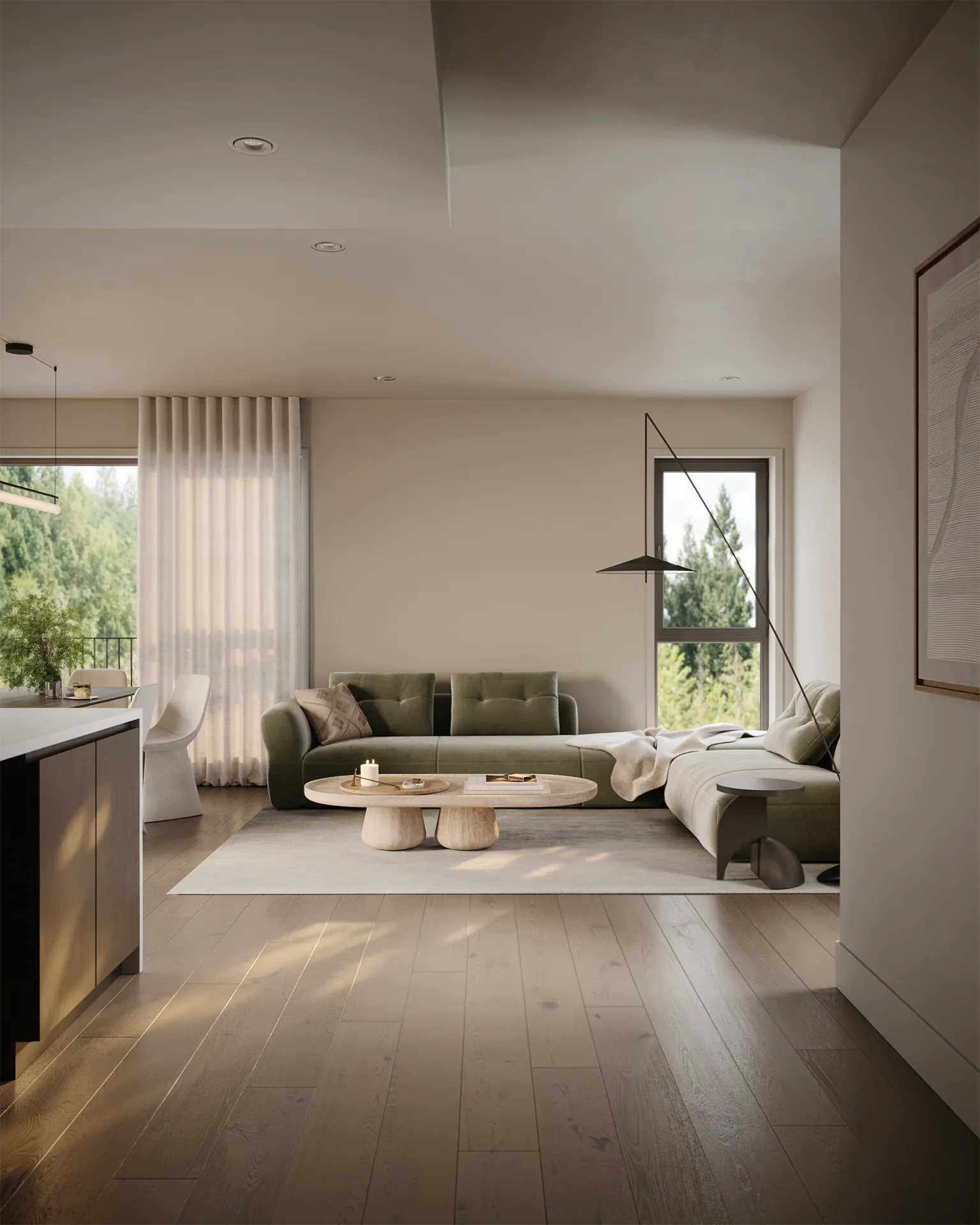 Willa's elevated interior showcasting wideplank engineered hardwood, large double-pane windows and 9 foot ceilings. Located in Vancouver's Oakridge Community.