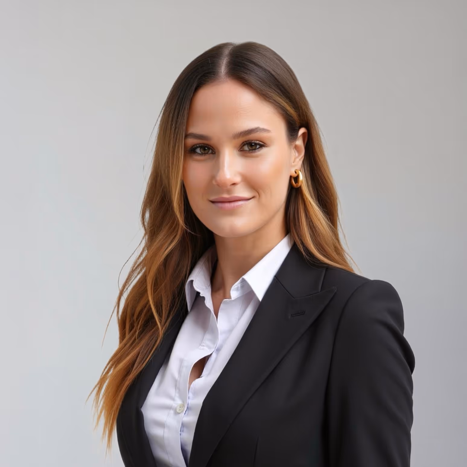 Porträt einer lächelnden Frau mit langen braunen Haaren, die einen schwarzen Blazer und eine weiße Bluse trägt.