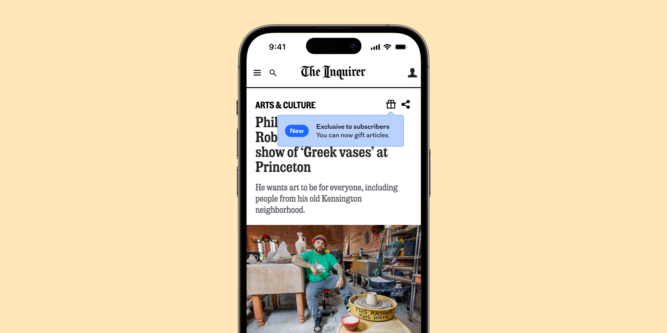 Mobile screen showing an Inquirer article with gift sharing icon and a tooltip that reads, “Exclusive to subscribers: You can now gift articles,” indicating a new subscriber feature.