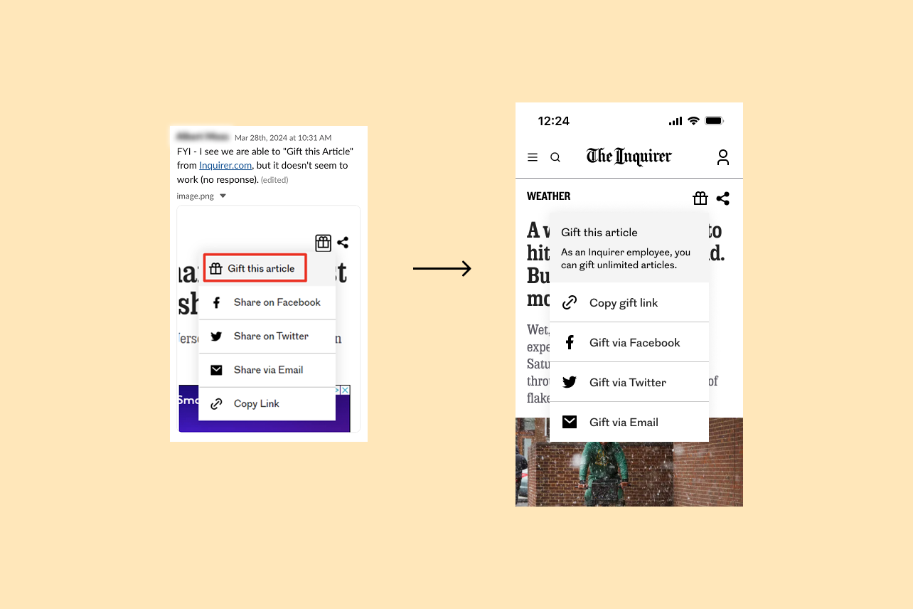 Side-by-side mobile screenshots showing user feedback and design updates. Left screen shows the original design with a circled “Gift this Article” link and a comment from the user noting it doesn’t work as expected. Right screen shows the revised design based on the feedback, with the icon removed, clearer descriptive text added, and styling adjusted to indicate it's no longer a clickable link.
