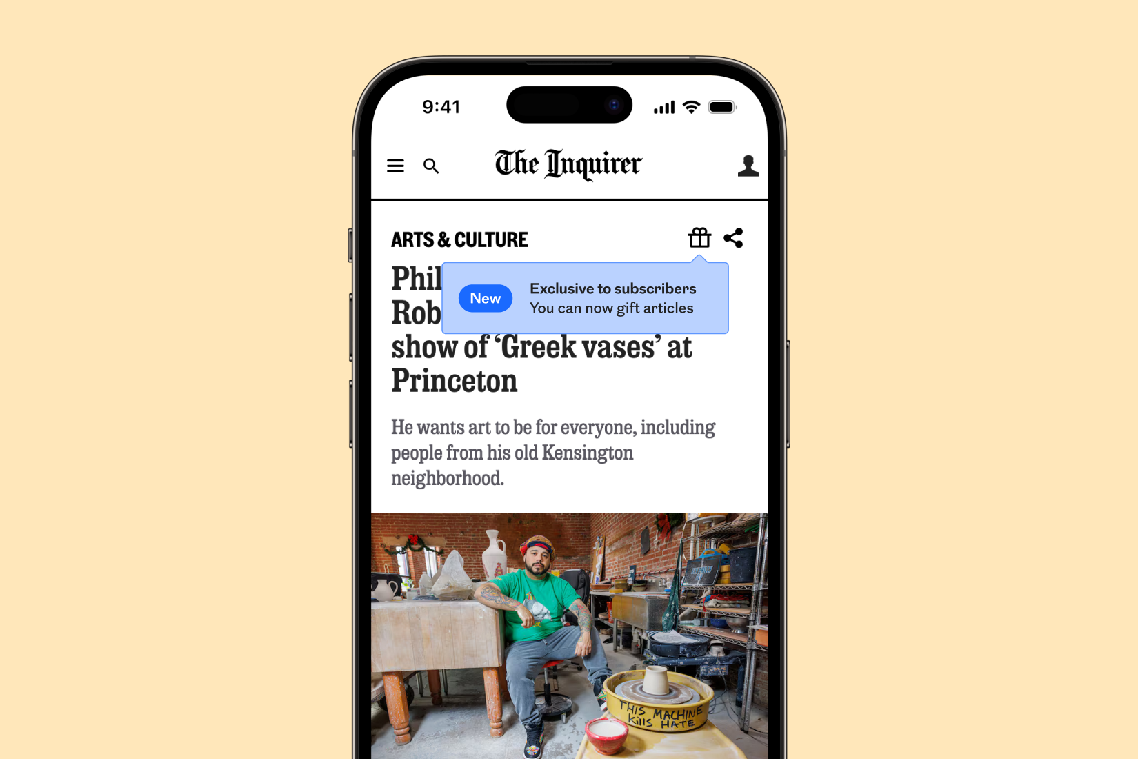 Mobile screen showing an Inquirer article with gift sharing icon and a tooltip that reads, “Exclusive to subscribers: You can now gift articles,” indicating a new subscriber feature.