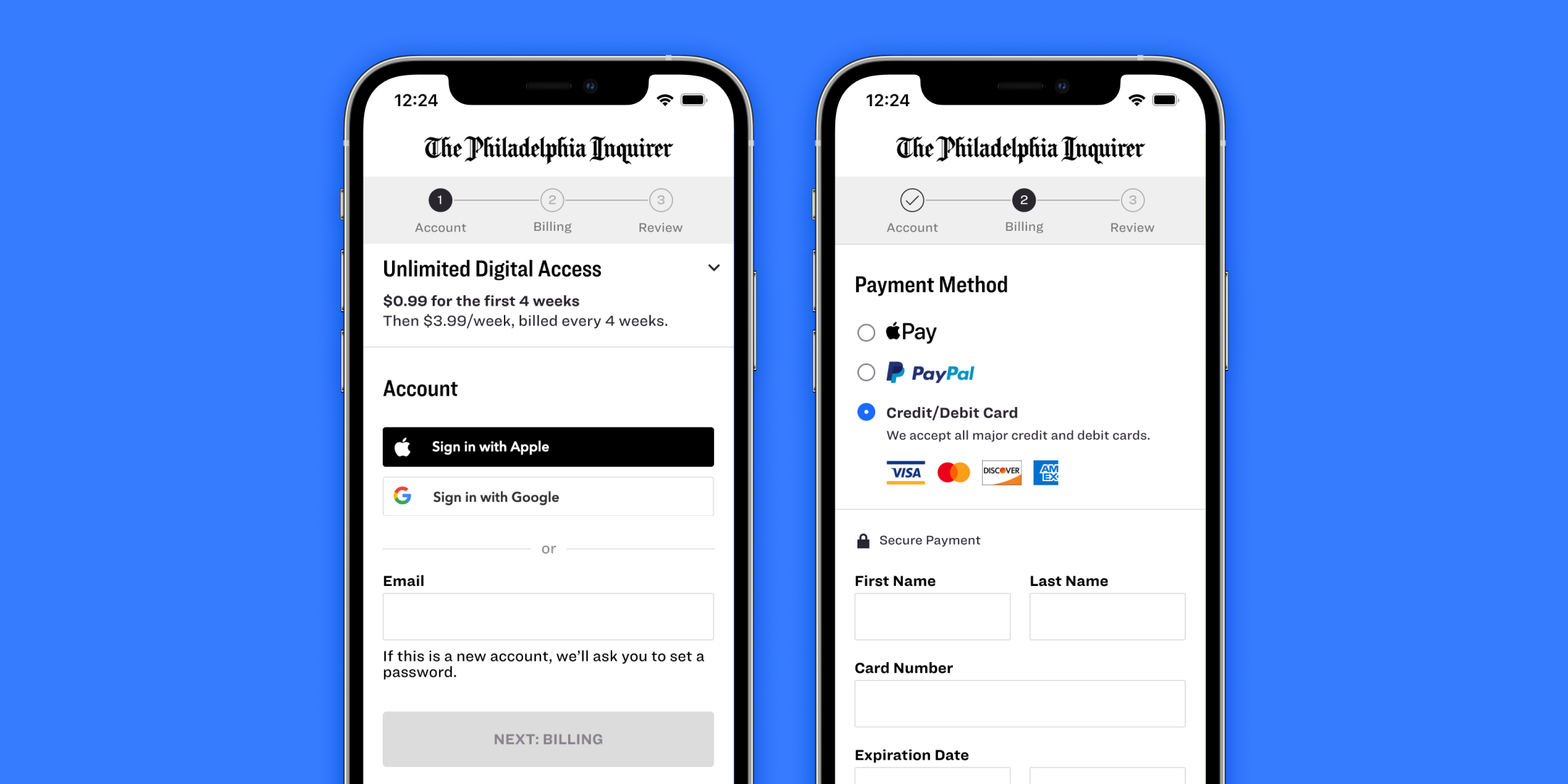 Two mobile screens in device frames displaying the first and second steps of a three-step digital checkout flow: account creation and billing. The screens highlight prominent third-party sign-in options (Apple and Google) and third-party payment methods (Apple Pay and PayPal).