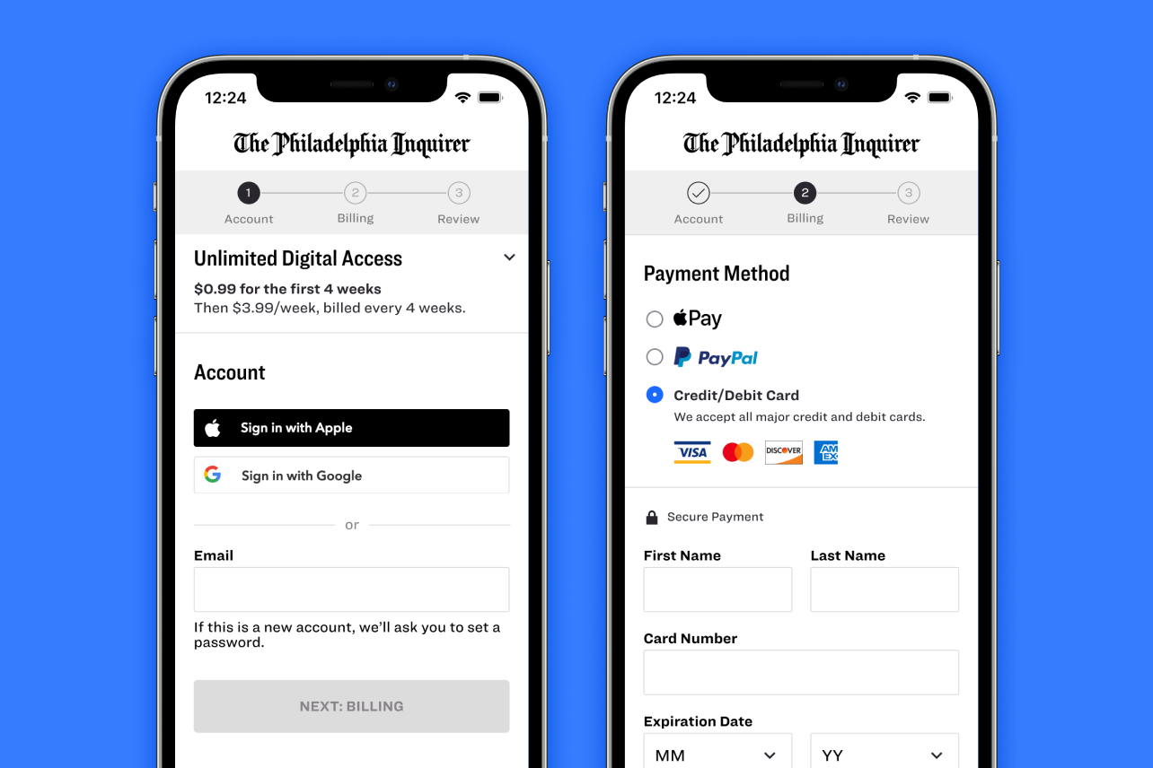 Two mobile screens in device frames displaying the first and second steps of a three-step digital checkout flow: account creation and billing. The screens highlight prominent third-party sign-in options (Apple and Google) and third-party payment methods (Apple Pay and PayPal).