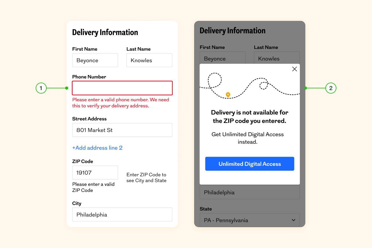 Two delivery screens showing different error states. The first displays a standard error message with a red-outlined input field and help text. The second features a playful illustration of a delivery truck unable to reach its destination, used when a user changes their address mid-process to a location outside the delivery zone. Each screen has an annotation that corresponds to an explanation provided below the image.