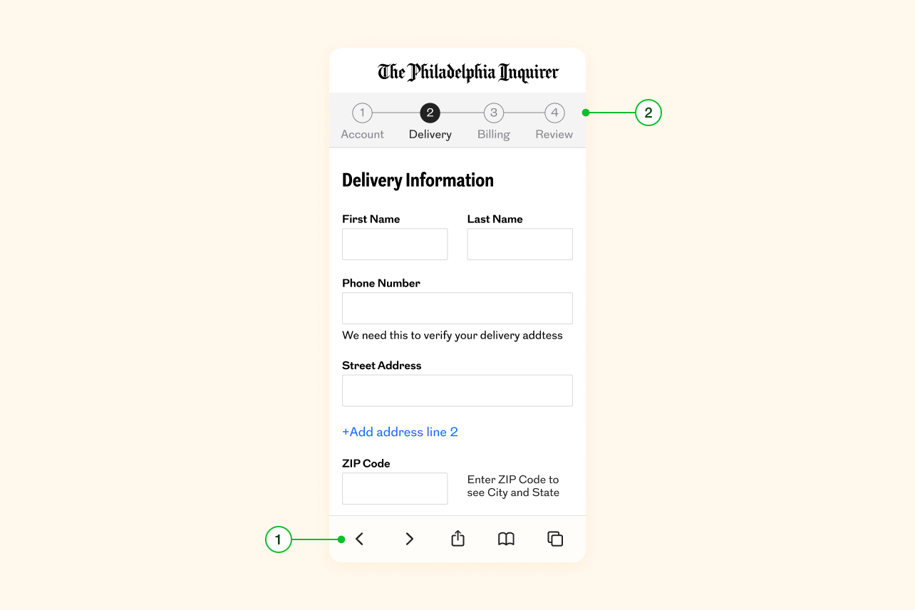 A delivery screen with numbered annotations highlighting navigation improvements made to enhance the user experience. Each annotation corresponds to an explanation provided below the image.