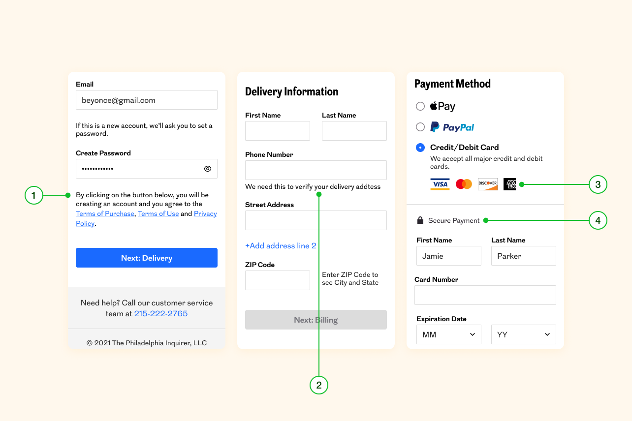Three screens—account, delivery, and billing—are displayed with numbered annotations highlighting improvements made to enhance trustworthiness. Each annotation corresponds to an explanation provided below the image.