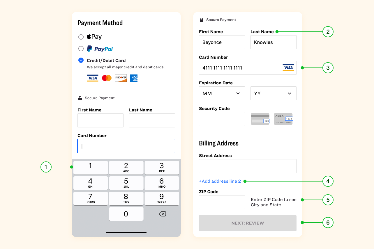 Two billing screens, each showing different scroll positions, are displayed with numbered annotations that highlight improvements made for mobile optimization. Each annotation corresponds to an explanation provided below the image.