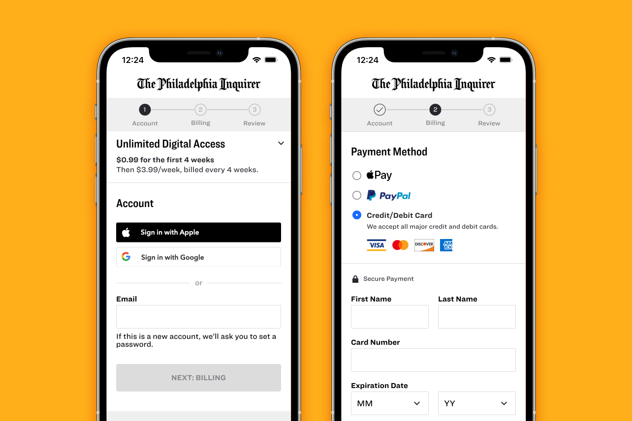 Two mobile screens in device frames displaying the first and second steps of a three-step digital checkout flow: account creation and billing. The screens highlight prominent third-party sign-in options (Apple and Google) and third-party payment methods (Apple Pay and PayPal).