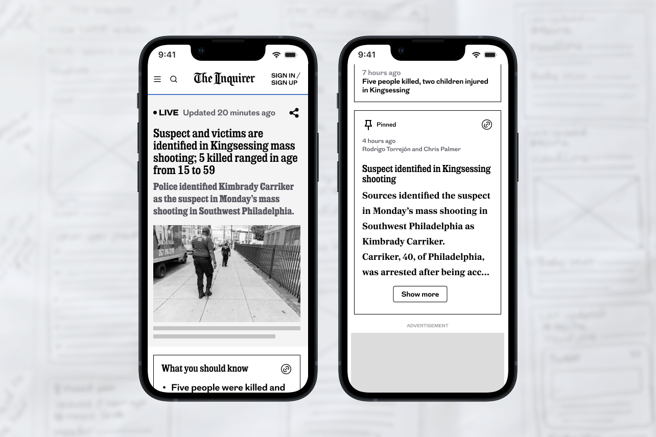 Two mobile wireframes showing a redesigned live blog for The Philadelphia Inquirer, featuring updated layout elements like live updates, pinned posts, “show more” buttons, and mobile-friendly formatting.