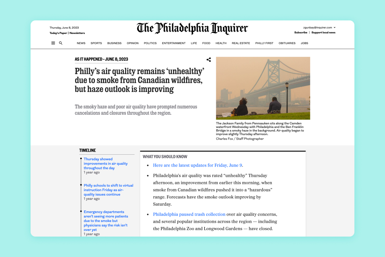A desktop view of an older live blog design on the Philadelphia Inquirer website. A timeline on the left displays updates as a vertical list, while a “What You Should Know” box summarizes key points on the right.