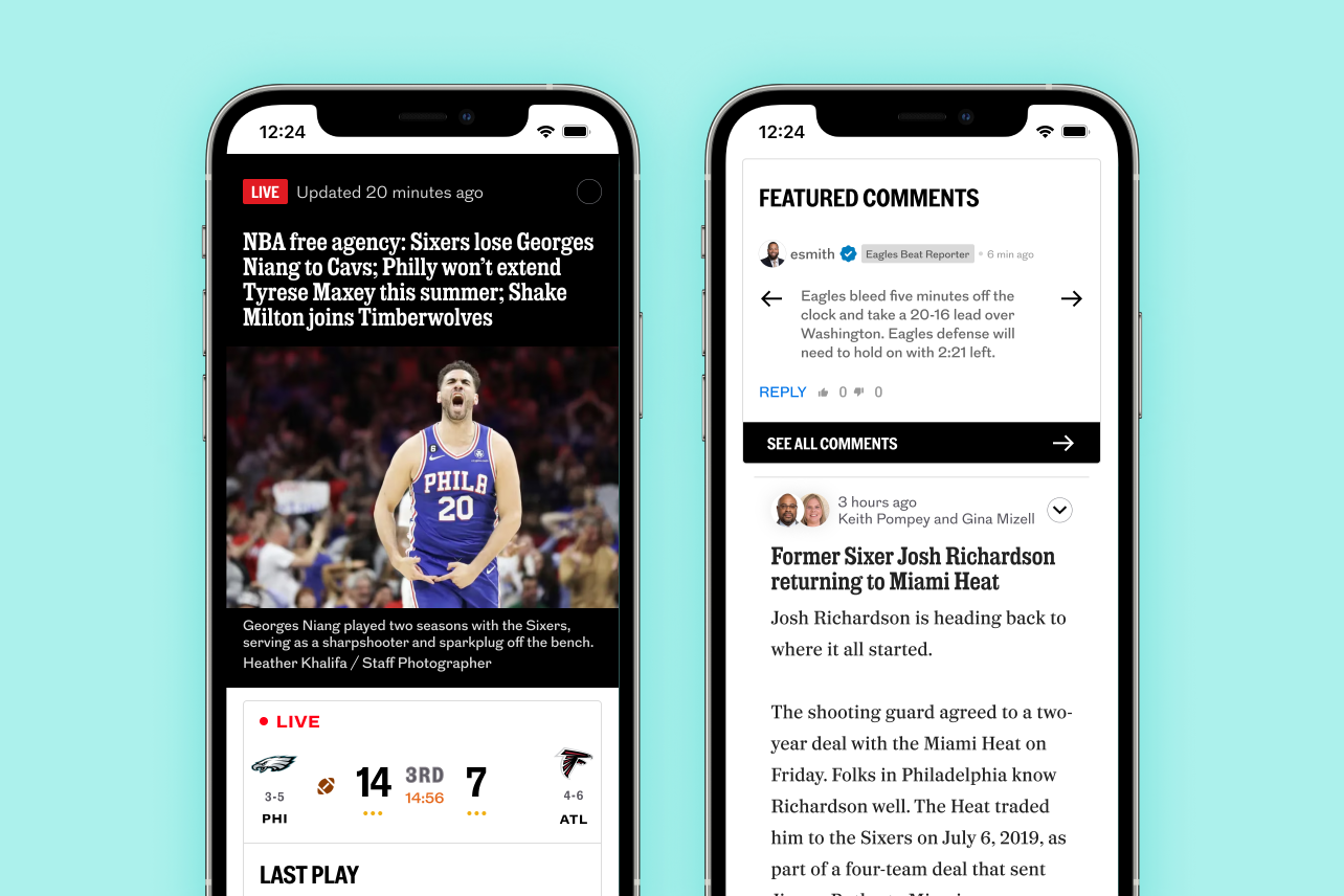 Two mobile screens showing a redesigned live blog for a sports article on the Philadelphia Inquirer app. The left screen displays a headline and image from a Sixers game, live game stats, and last play updates. The right screen highlights featured comments, with a reporter’s post and a button to view all comments.