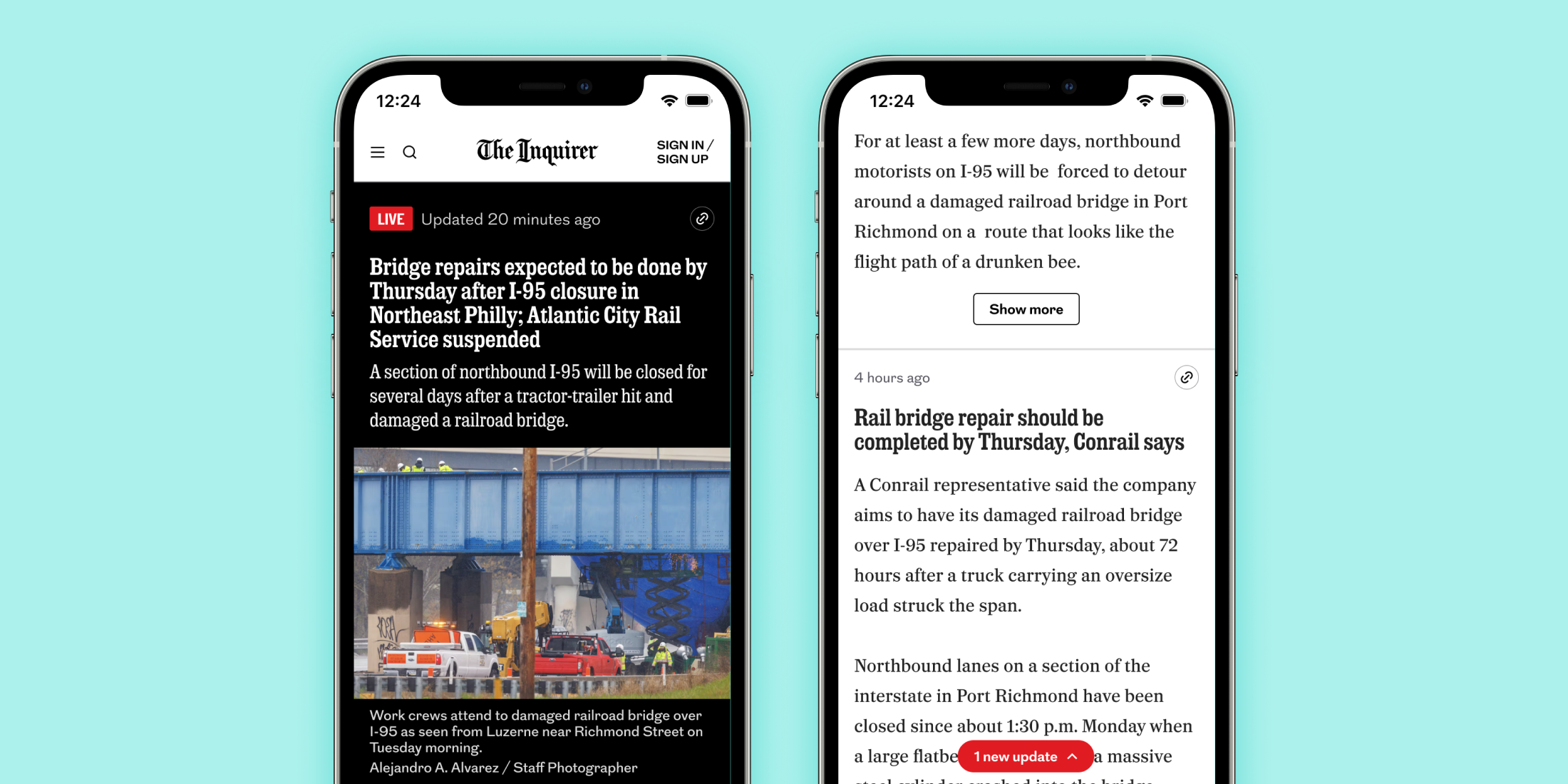 Two mobile screens of a redesigned live blog showing news about a bridge repair. The left screen includes a live headline, photo of the repair site, and article summary. The right screen shows expanded article text with a “Show more” button and a “one new update” indicator at the bottom.