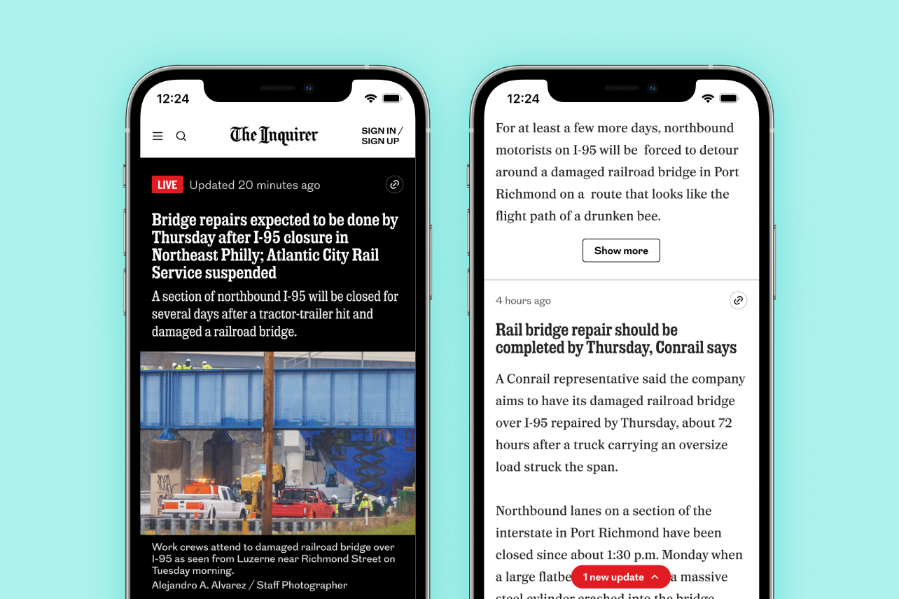 Two mobile screens of a redesigned live blog showing news about a bridge repair. The left screen includes a live headline, photo of the repair site, and article summary. The right screen shows expanded article text with a “Show more” button and a “one new update” indicator at the bottom.